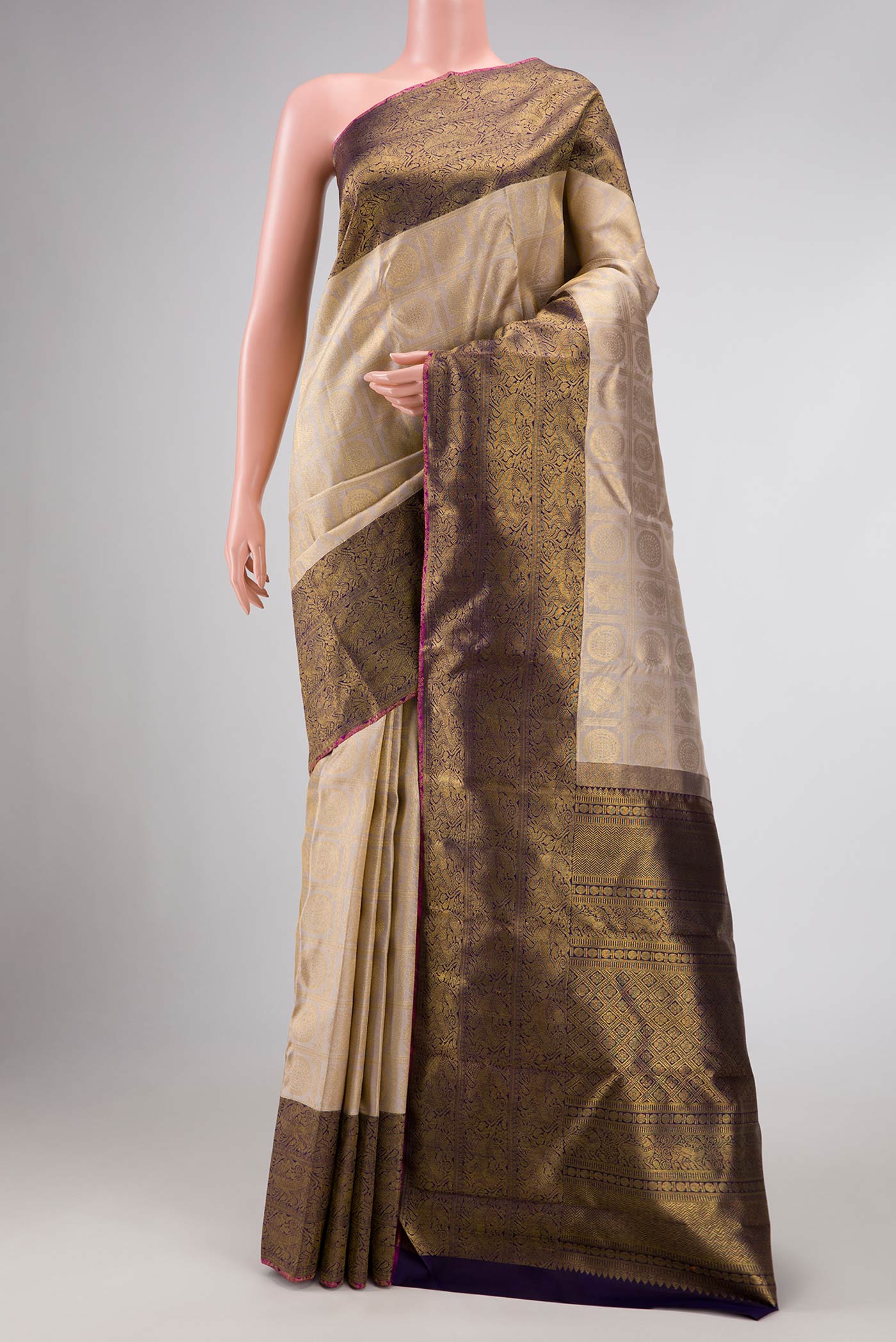 Pure Silk Pure Zari Beige Dual Tone Kanjivaram Saree