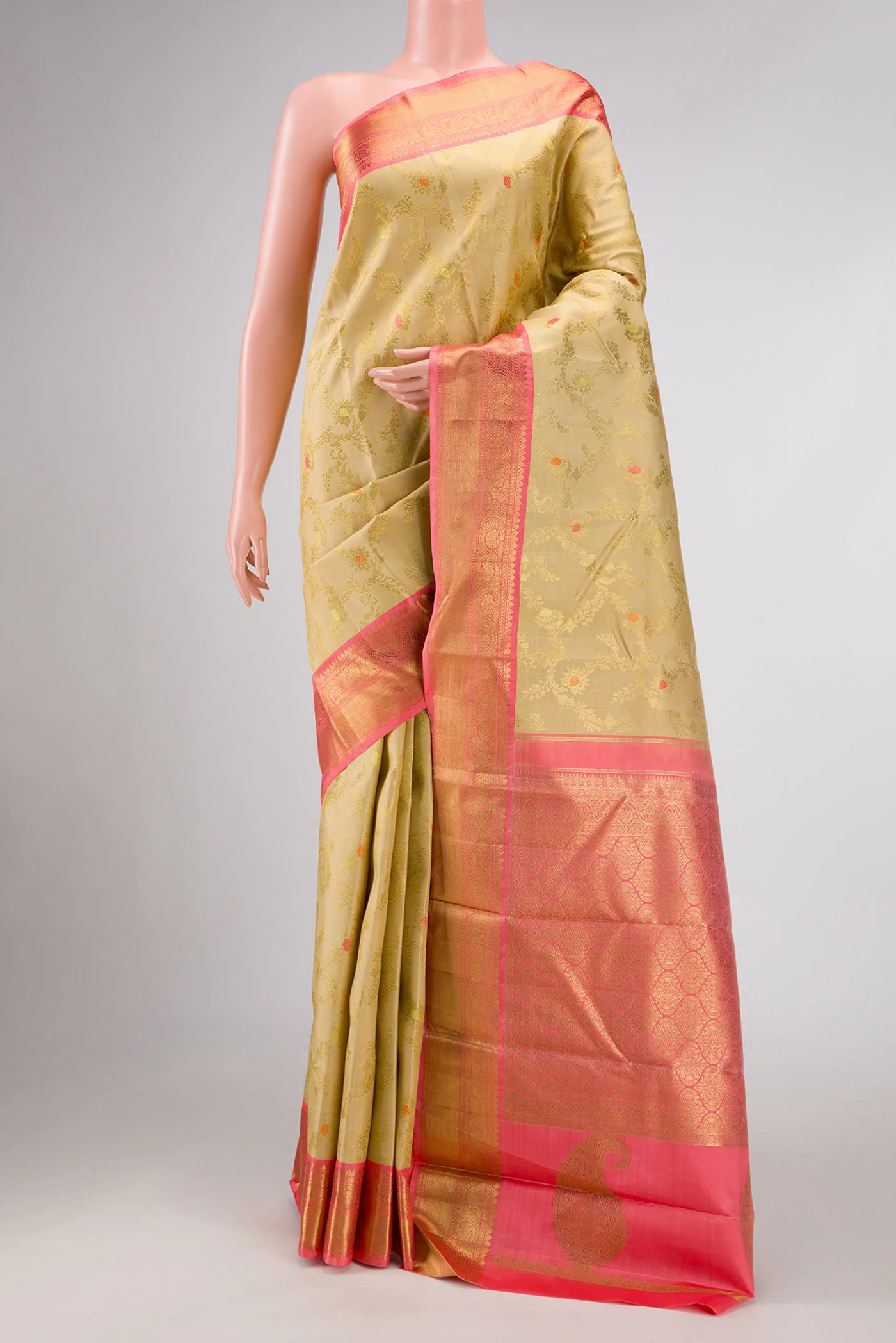 Pure Silk Pure Zari Beige Dual Tone Kanjivaram Saree