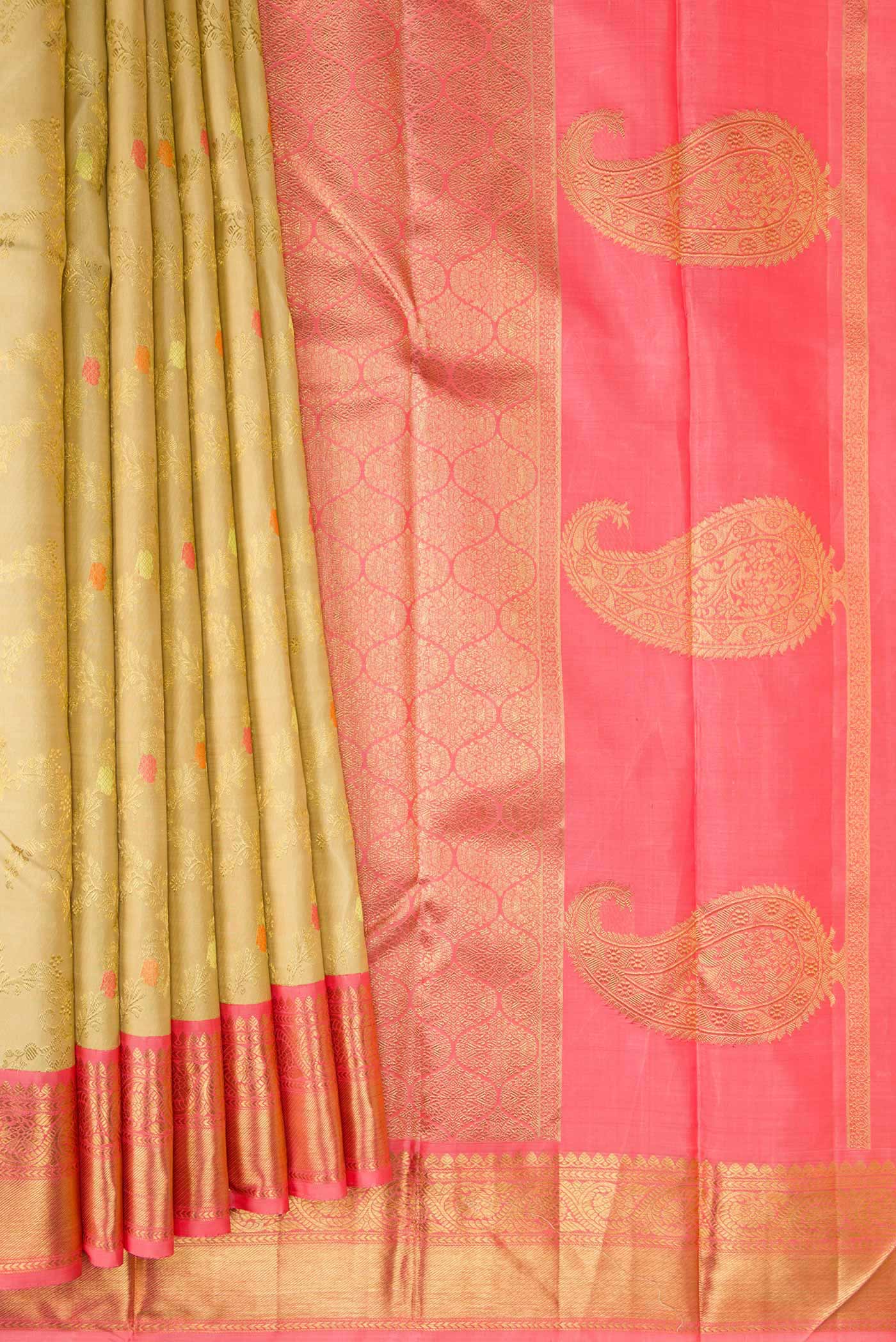 Pure Silk Pure Zari Beige Dual Tone Kanjivaram Saree - Image 4