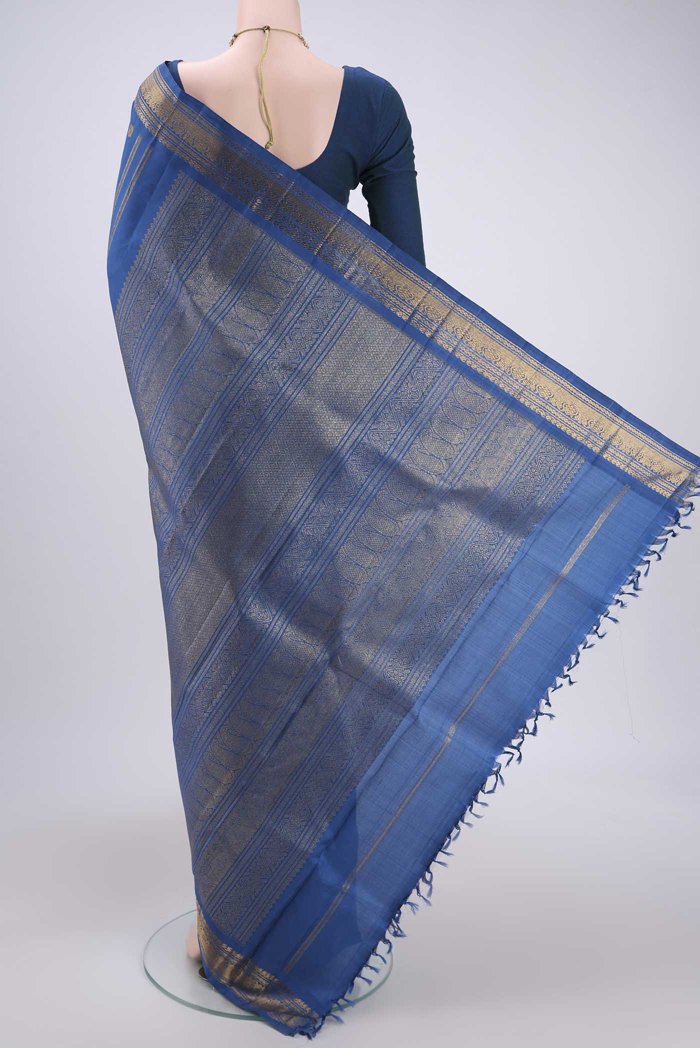 Pure Silk Pure Zari Blue Kanchipuram Saree - Image 3