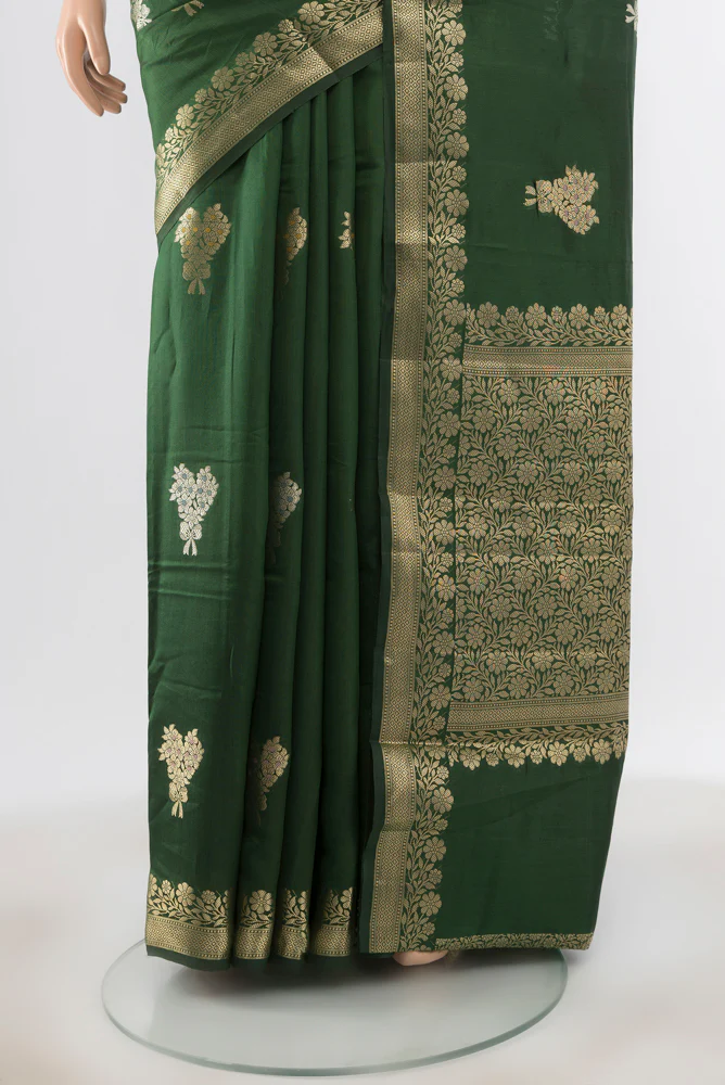 Bottle Green Banarasi Raw Silk Saree - Image 3