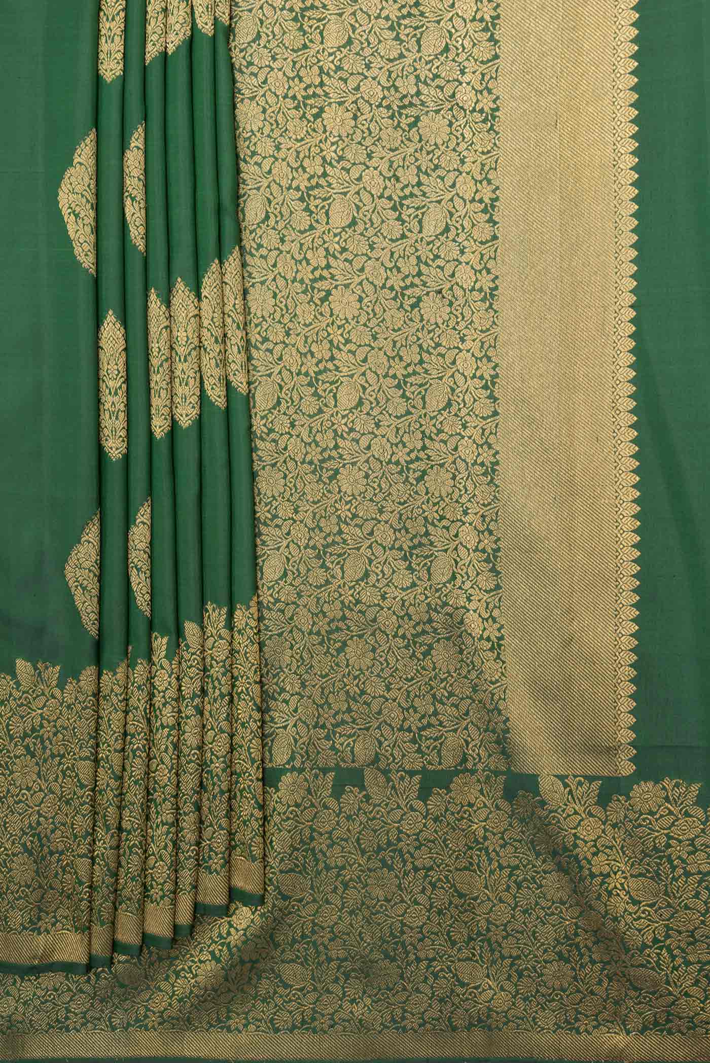 Pure Silk Pure Zari Bottle Green Dual Tone Kanjivaram Saree - Image 4