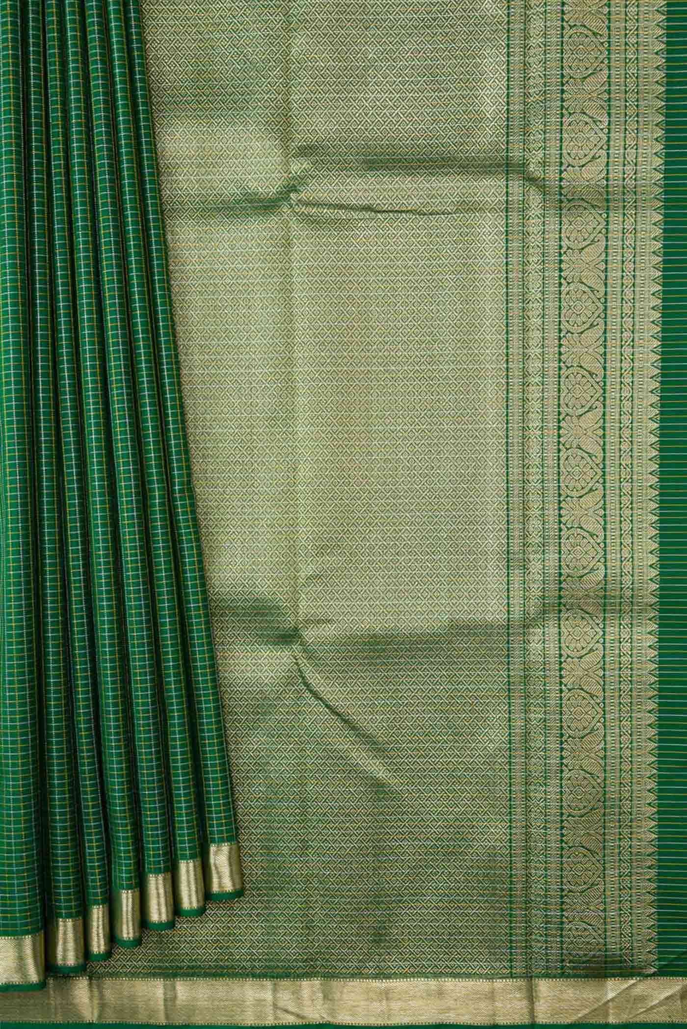 Pure Silk Pure Zari Bottle Green Dual Tone Kanjivaram Saree - Image 4