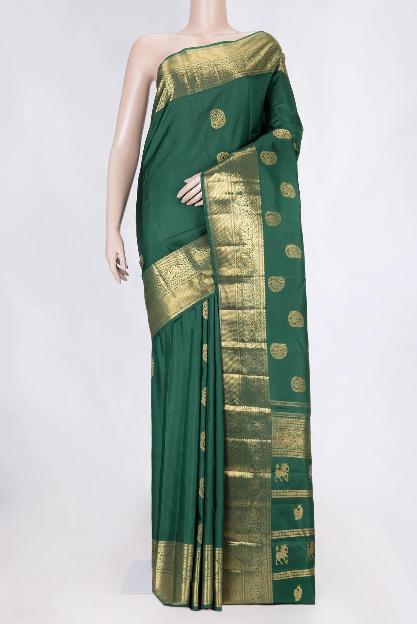 Pure Silk Pure Zari Bottle Green Dual Tone Kanjivaram Saree