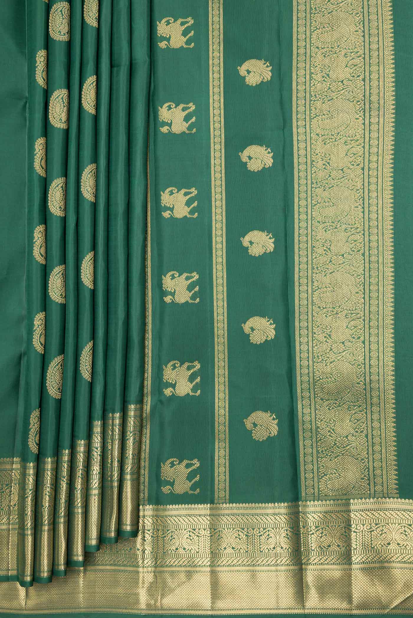 Pure Silk Pure Zari Bottle Green Dual Tone Kanjivaram Saree - Image 4