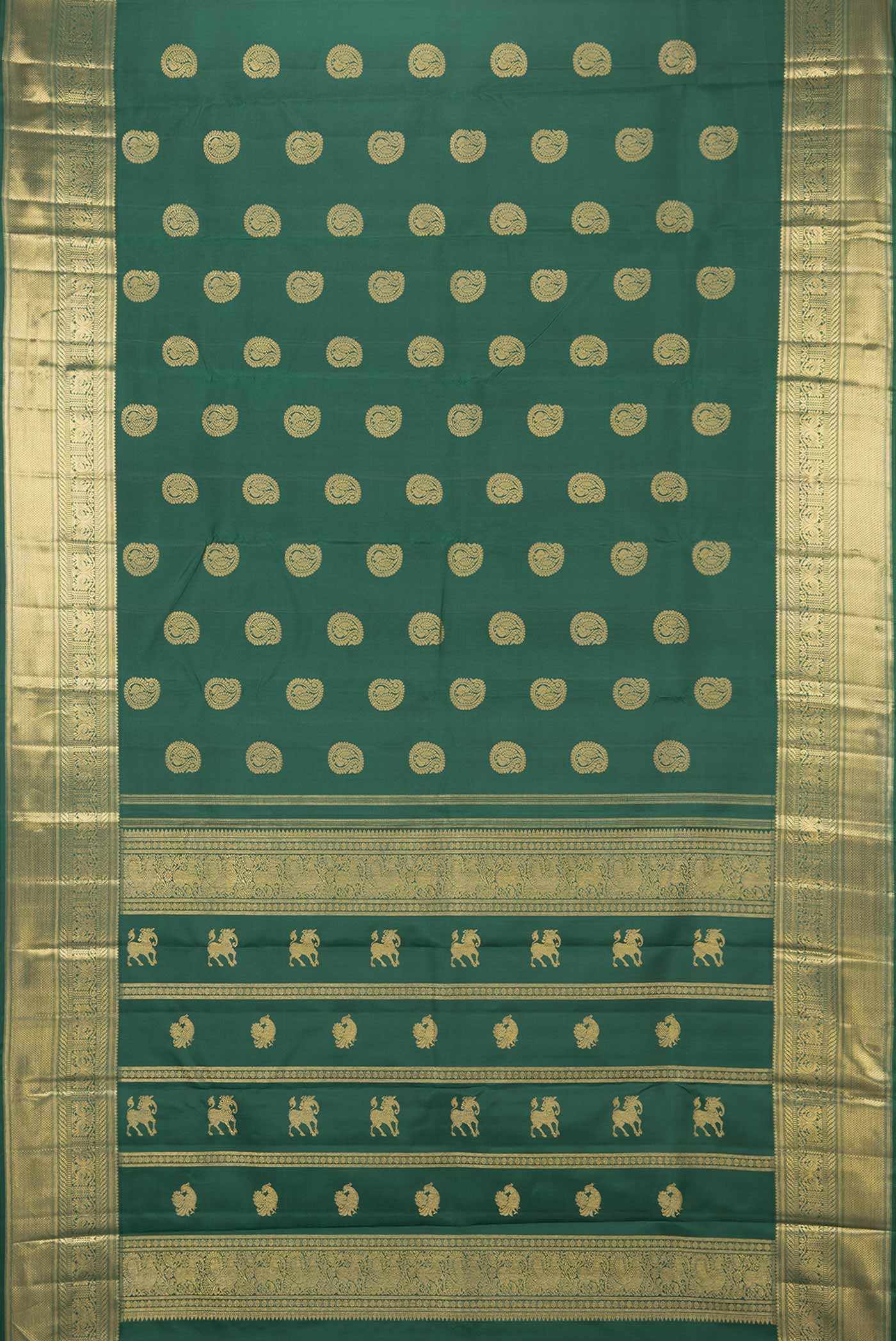 Pure Silk Pure Zari Bottle Green Dual Tone Kanjivaram Saree - Image 6
