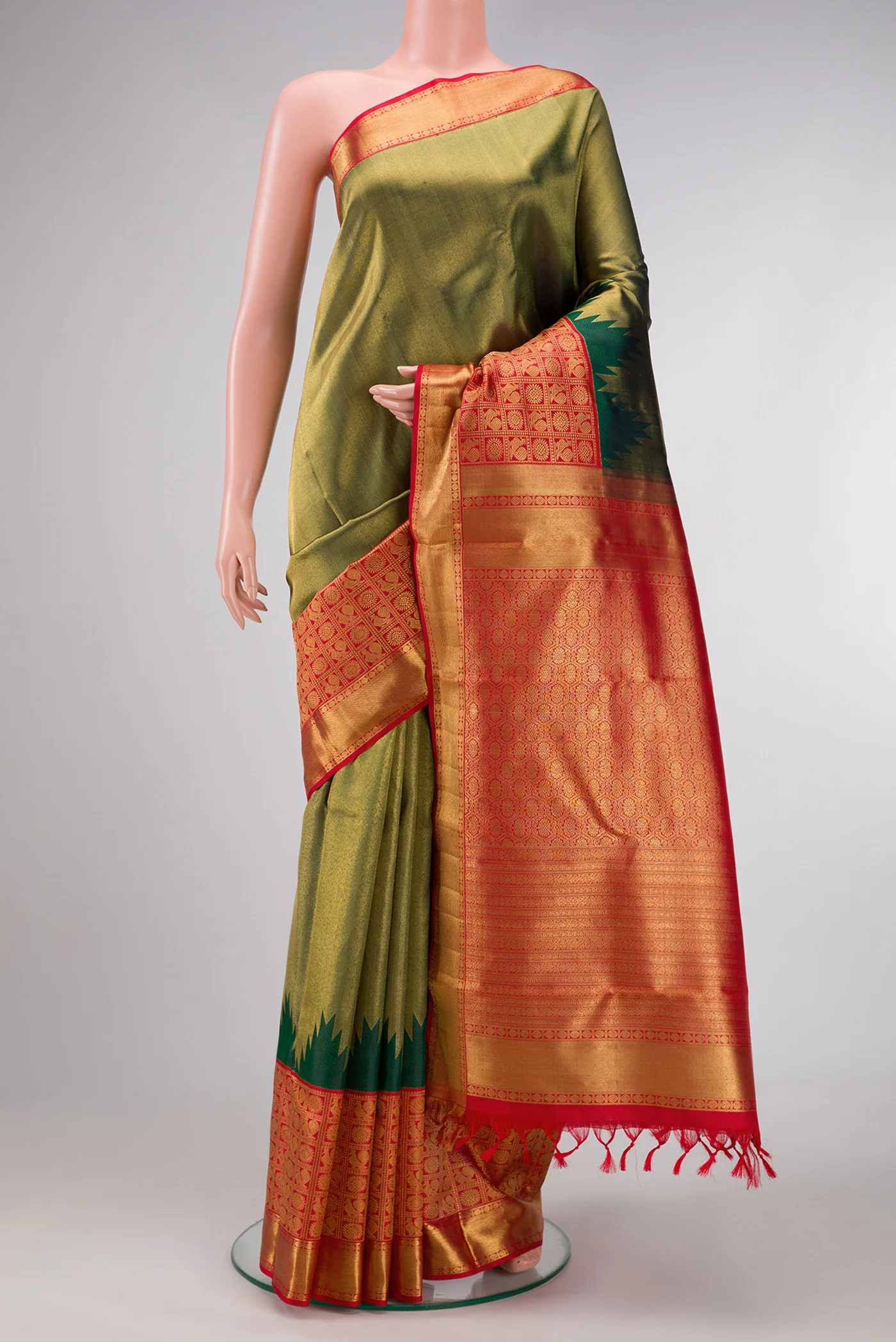 Pure Silk Pure Zari Bottle Green Dual Tone Kanjivaram Saree