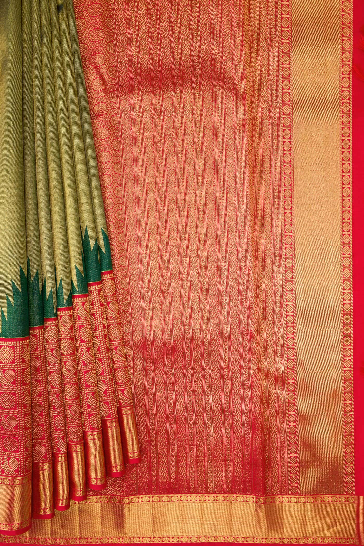 Pure Silk Pure Zari Bottle Green Dual Tone Kanjivaram Saree - Image 4