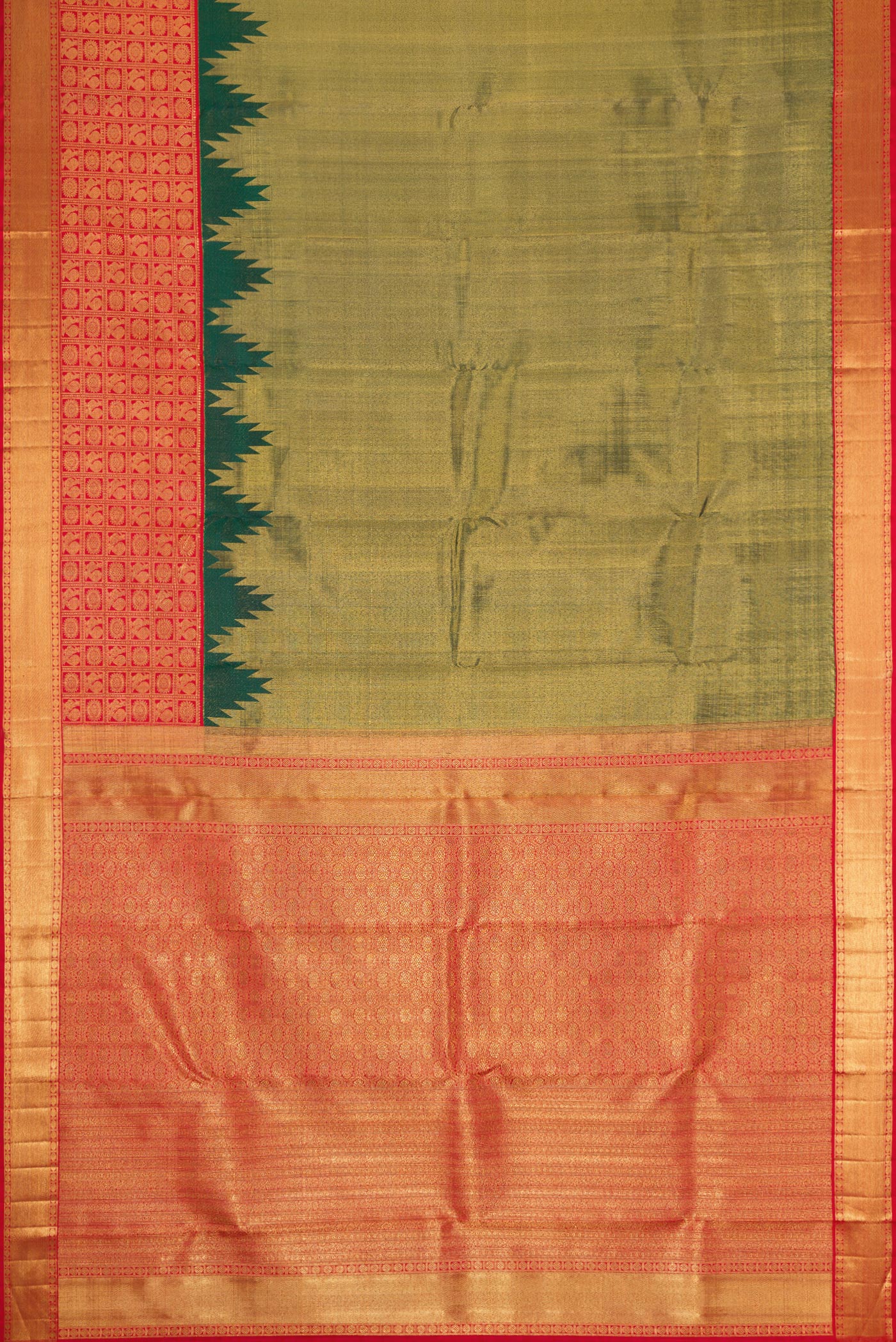 Pure Silk Pure Zari Bottle Green Dual Tone Kanjivaram Saree - Image 6