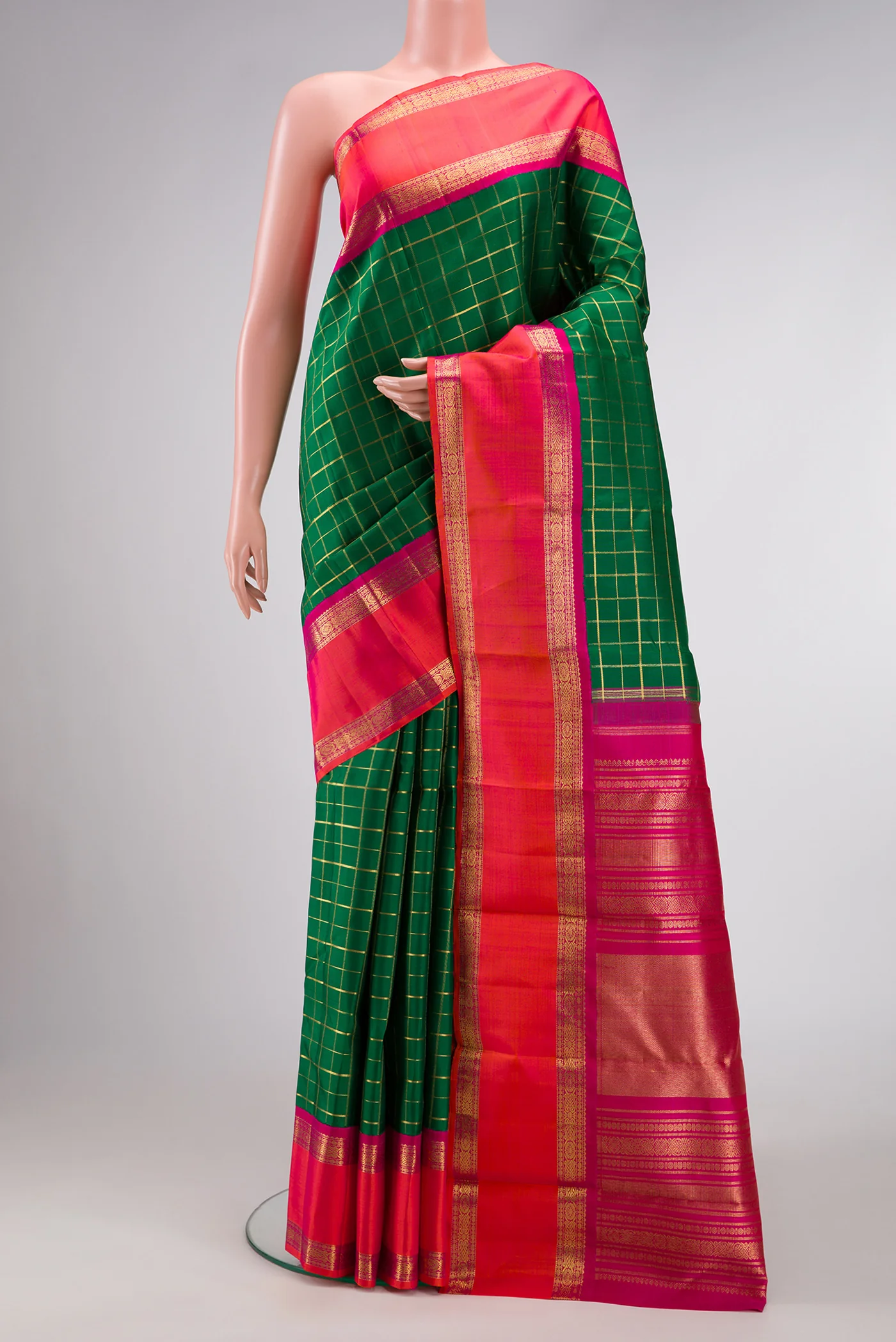 Pure Silk Pure Zari Bottle Green Kanjivaram Saree