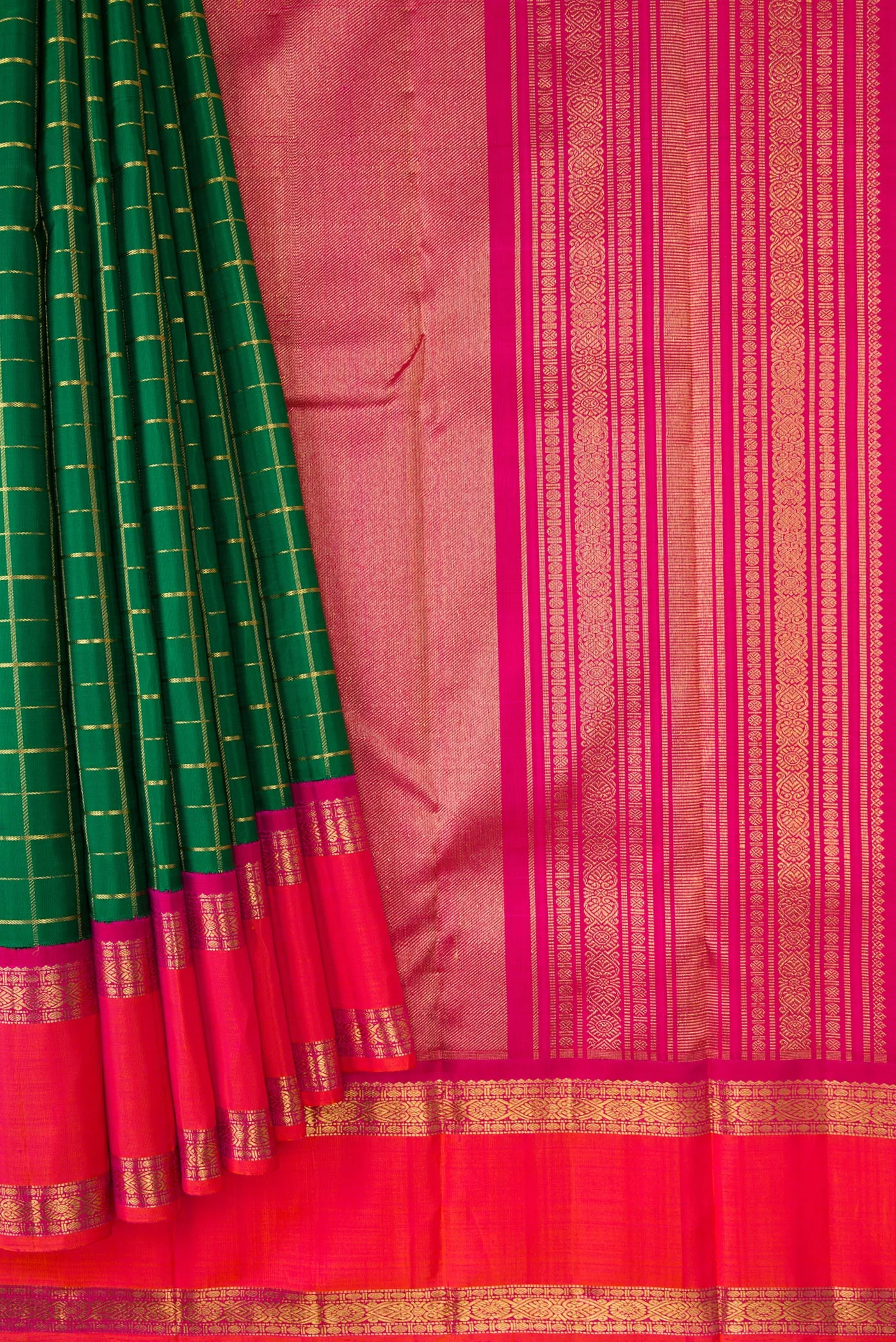 Pure Silk Pure Zari Bottle Green Kanjivaram Saree - Image 4