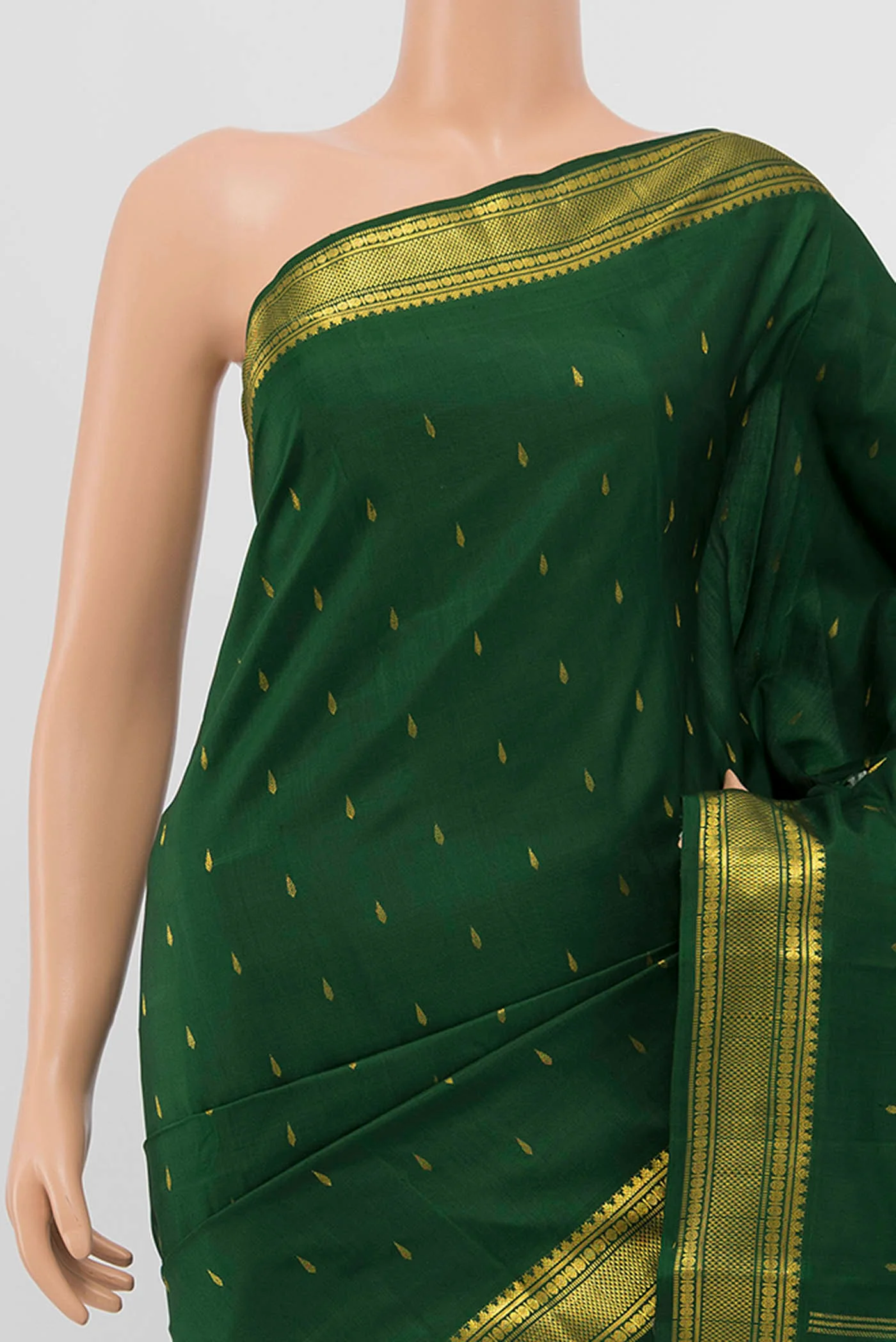 Pure Silk Pure Zari Bottle Green Kanjivaram Saree - Image 2