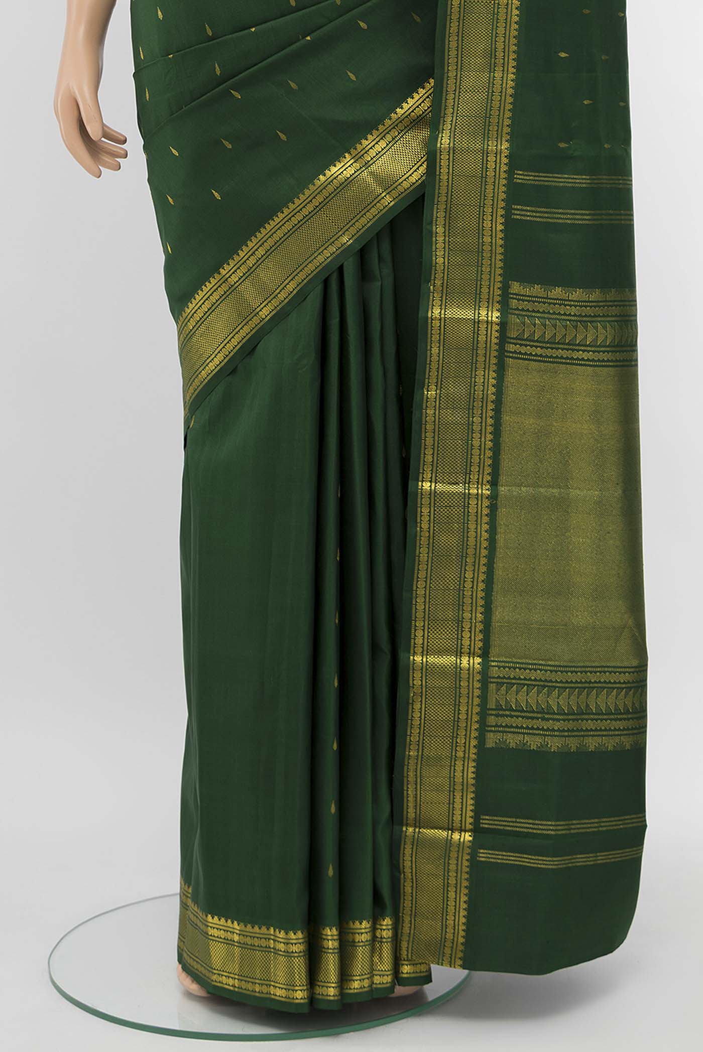 Pure Silk Pure Zari Bottle Green Kanjivaram Saree - Image 3