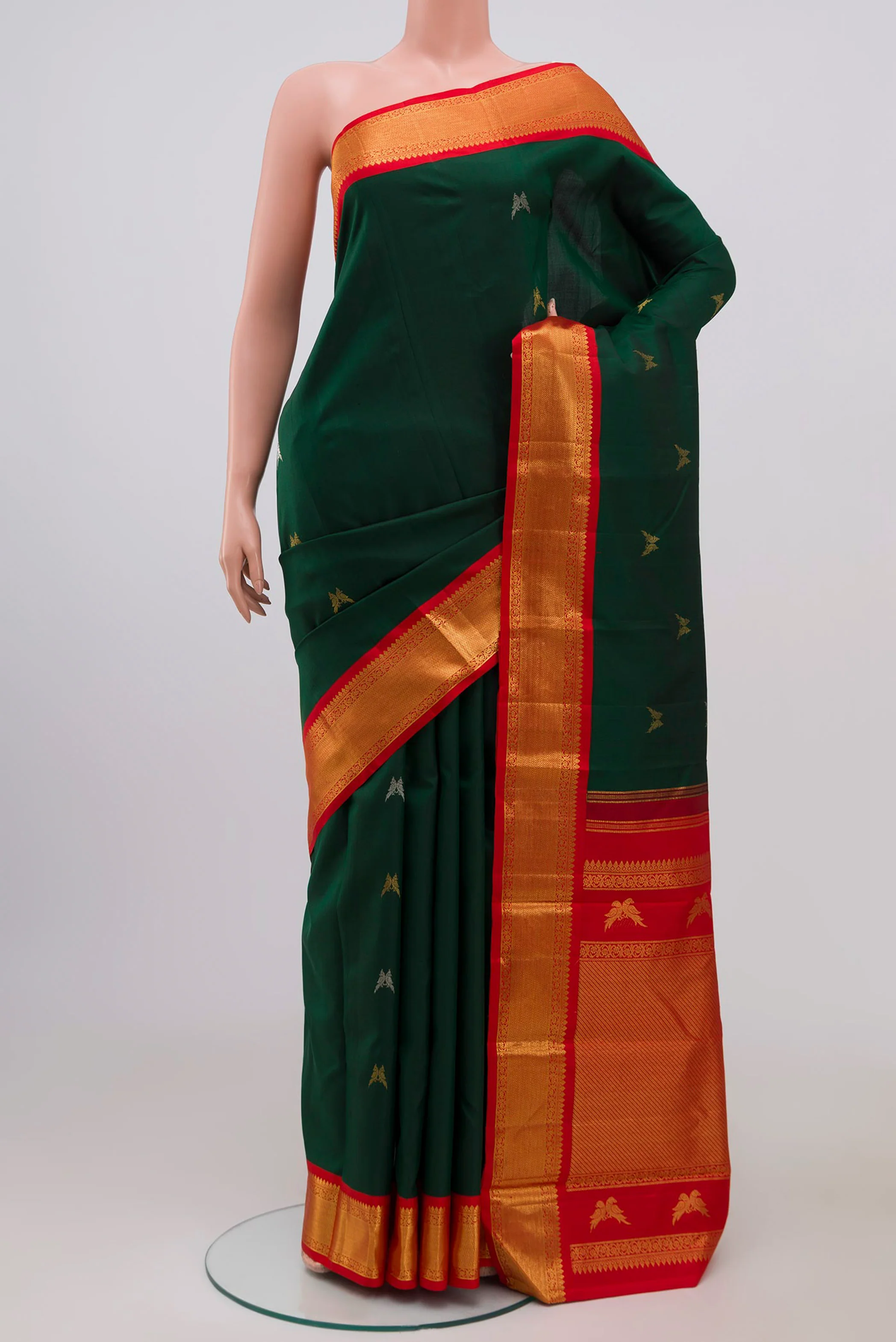 Pure Silk Pure Zari Bottle Green Kanjivaram Saree