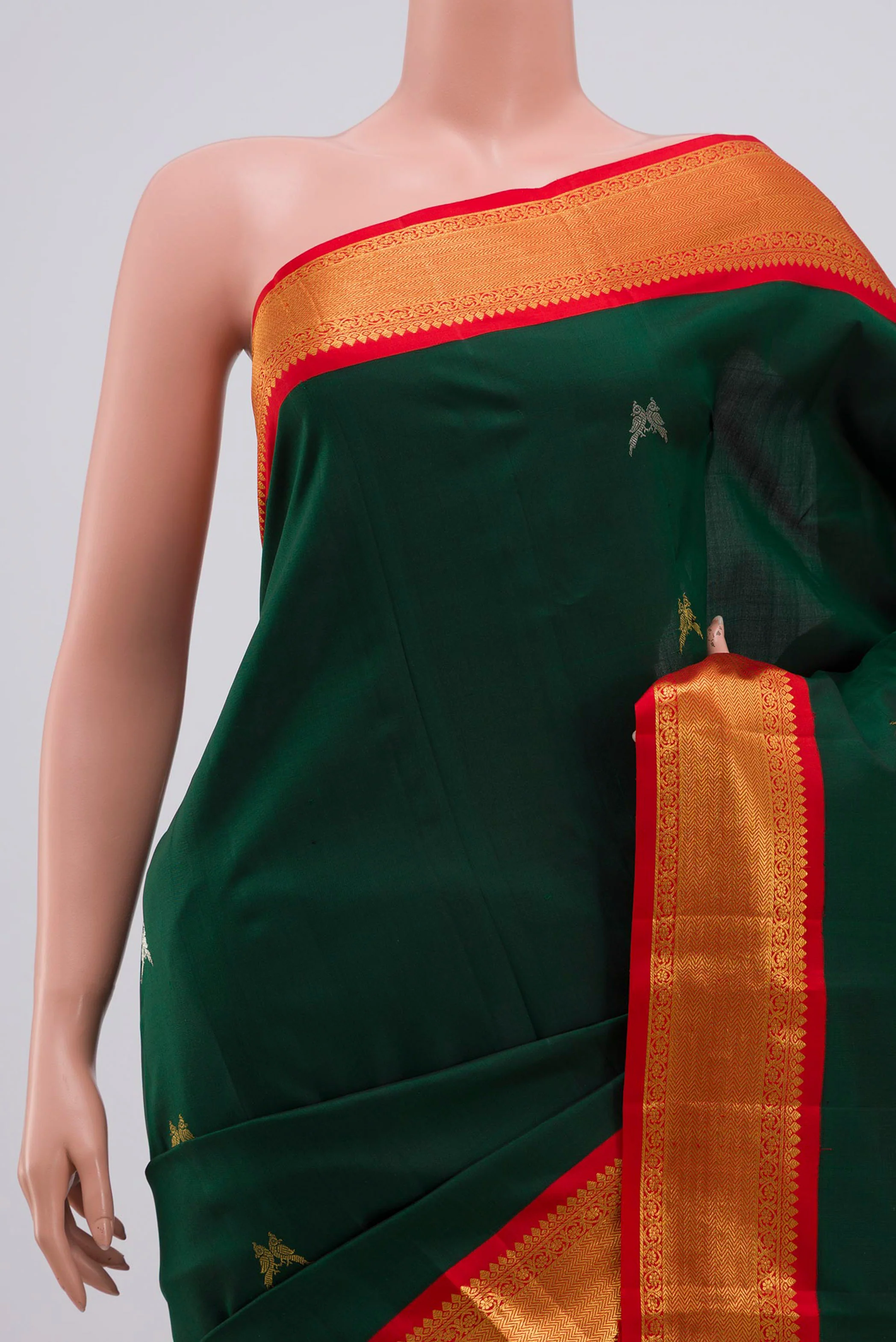 Pure Silk Pure Zari Bottle Green Kanjivaram Saree - Image 2