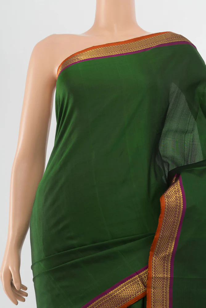 Pure Silk Pure Zari Bottle Green Kanjivaram Saree - Image 2