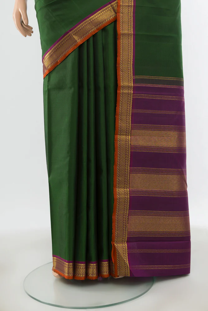 Pure Silk Pure Zari Bottle Green Kanjivaram Saree - Image 3