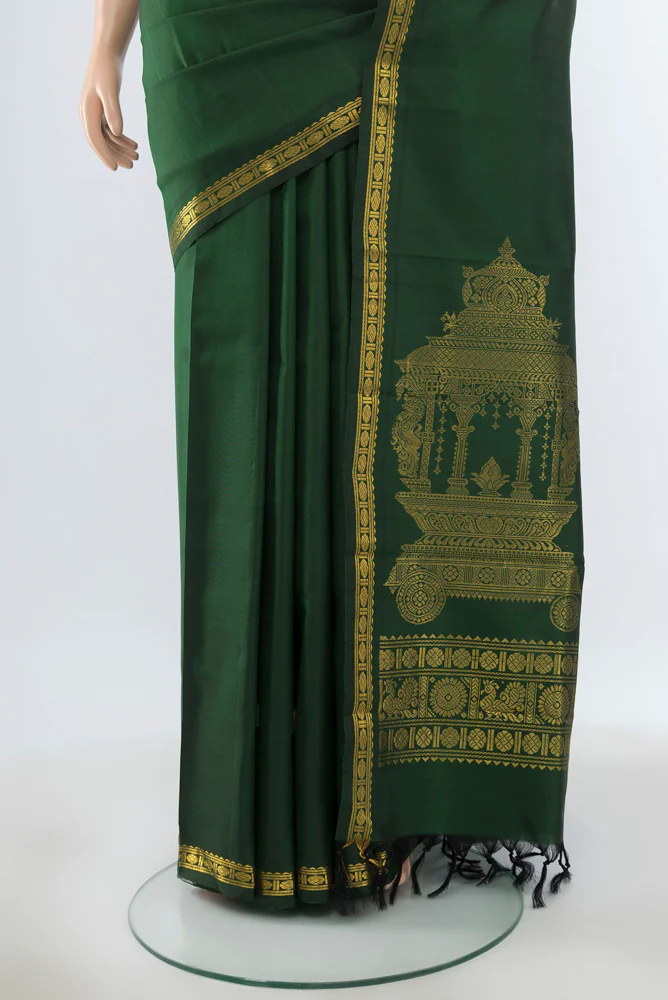 Pure Silk Pure Zari Bottle Green Kanjivaram Saree - Image 3
