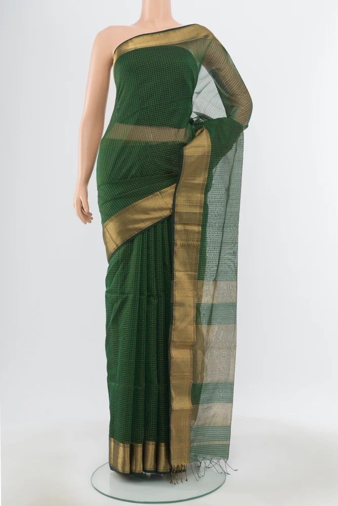Pure Silk Pure Zari Green Maheshwari Cotton Saree