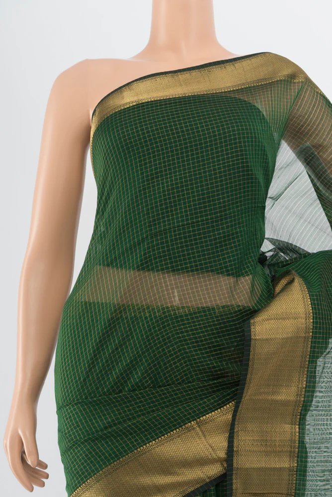 Pure Silk Pure Zari Green Maheshwari Cotton Saree - Image 2