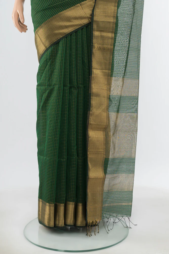 Pure Silk Pure Zari Green Maheshwari Cotton Saree - Image 3
