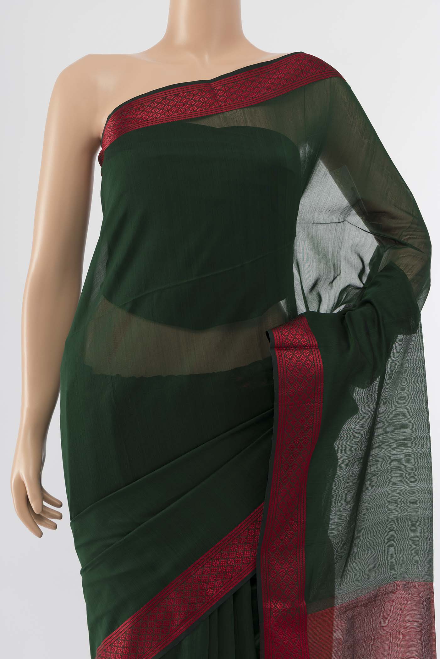 Pure Silk Pure Zari Bottle Green Maheshwari Cotton Saree - Image 2