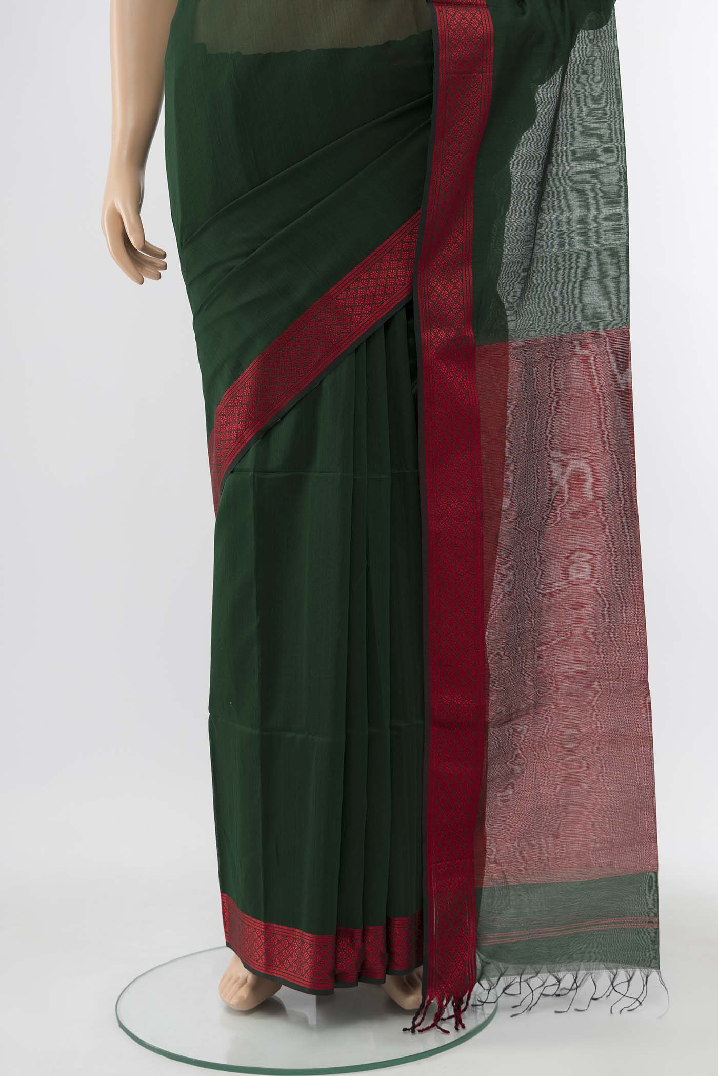 Pure Silk Pure Zari Bottle Green Maheshwari Cotton Saree - Image 3
