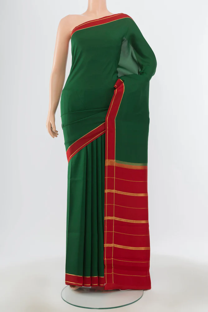 Pure Silk Pure Zari Bottle Green Mysore Crepe Saree