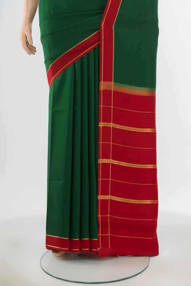 Pure Silk Pure Zari Bottle Green Mysore Crepe Saree - Image 3