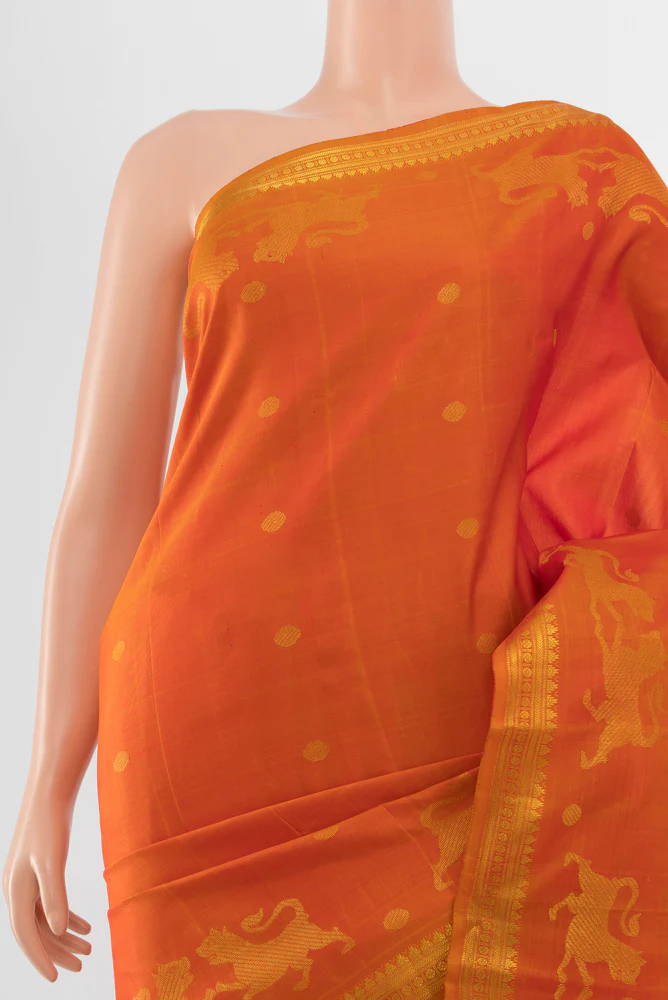 Pure Silk Pure Zari Brick Orange Kanjivaram Saree - Image 2