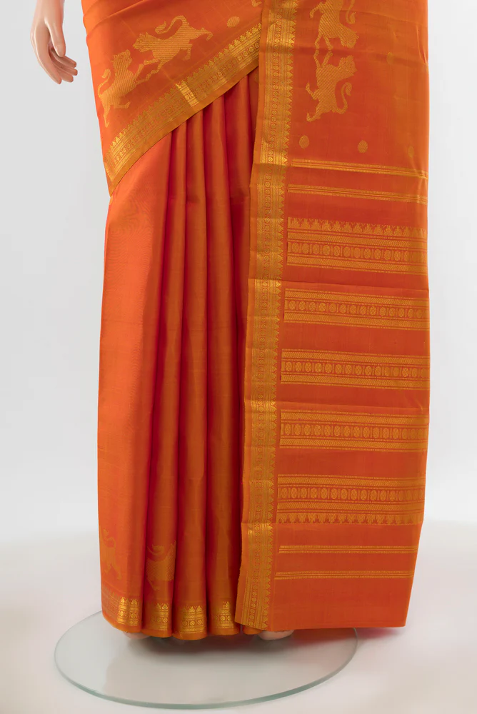 Pure Silk Pure Zari Brick Orange Kanjivaram Saree - Image 3