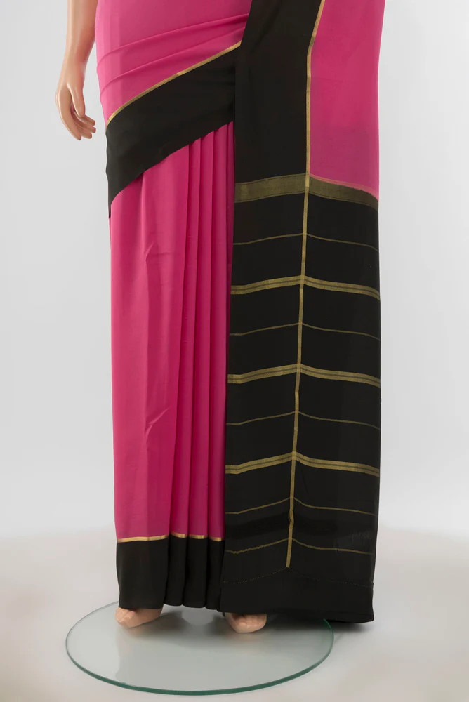 Pure Silk Pure Zari Rose pink Mysore Crepe Saree - Image 3
