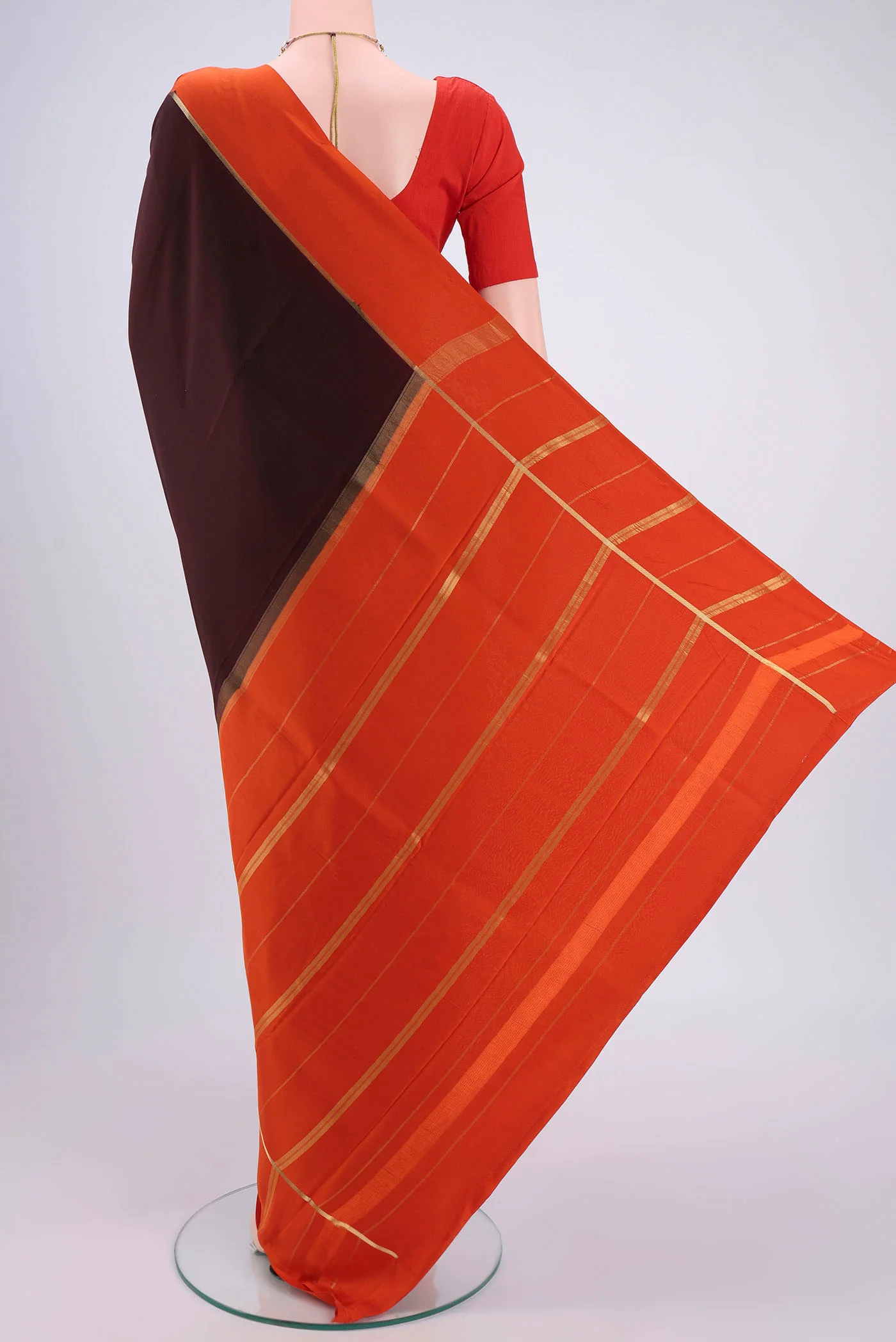 Pure Silk Pure Zari Coffee Brown Mysore Crepe Saree - Image 3