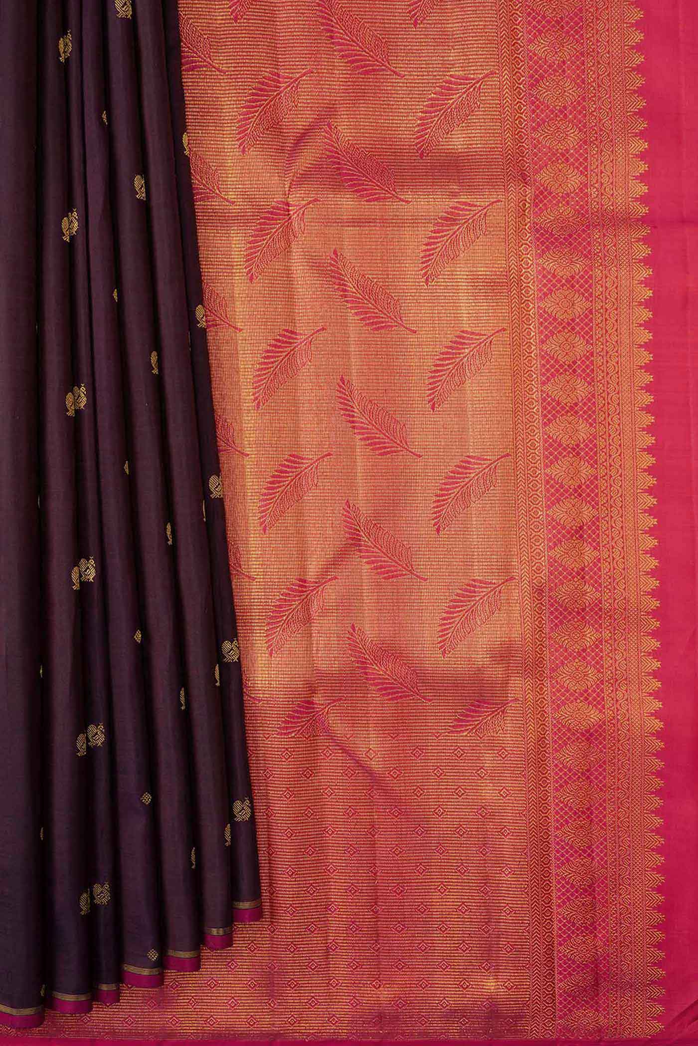 Pure Silk Pure Zari Burgundy Dual Tone Kanchipuram Saree - Image 4