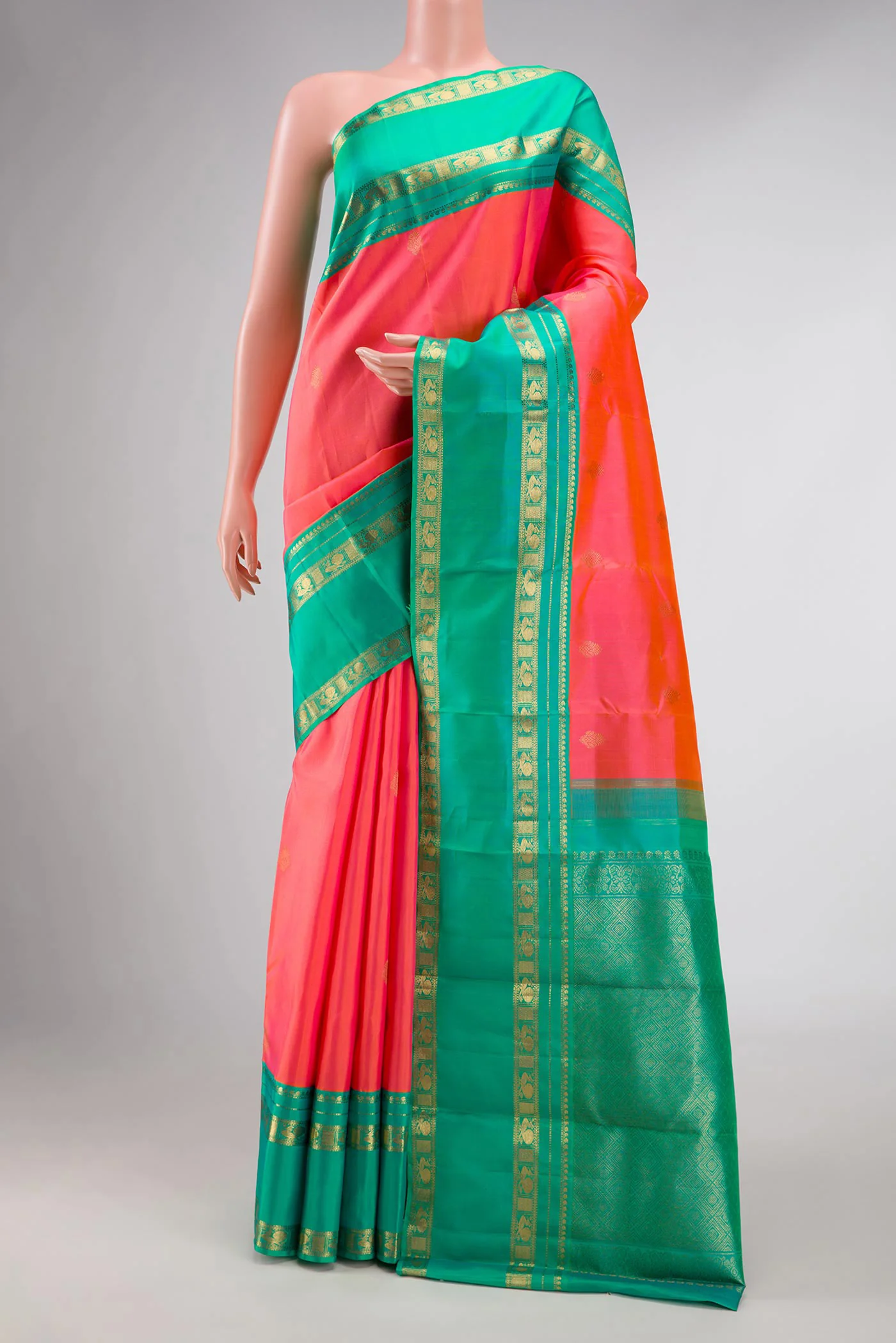 Pure Silk Pure Zari Coral Dual Tone Kanchipuram Saree
