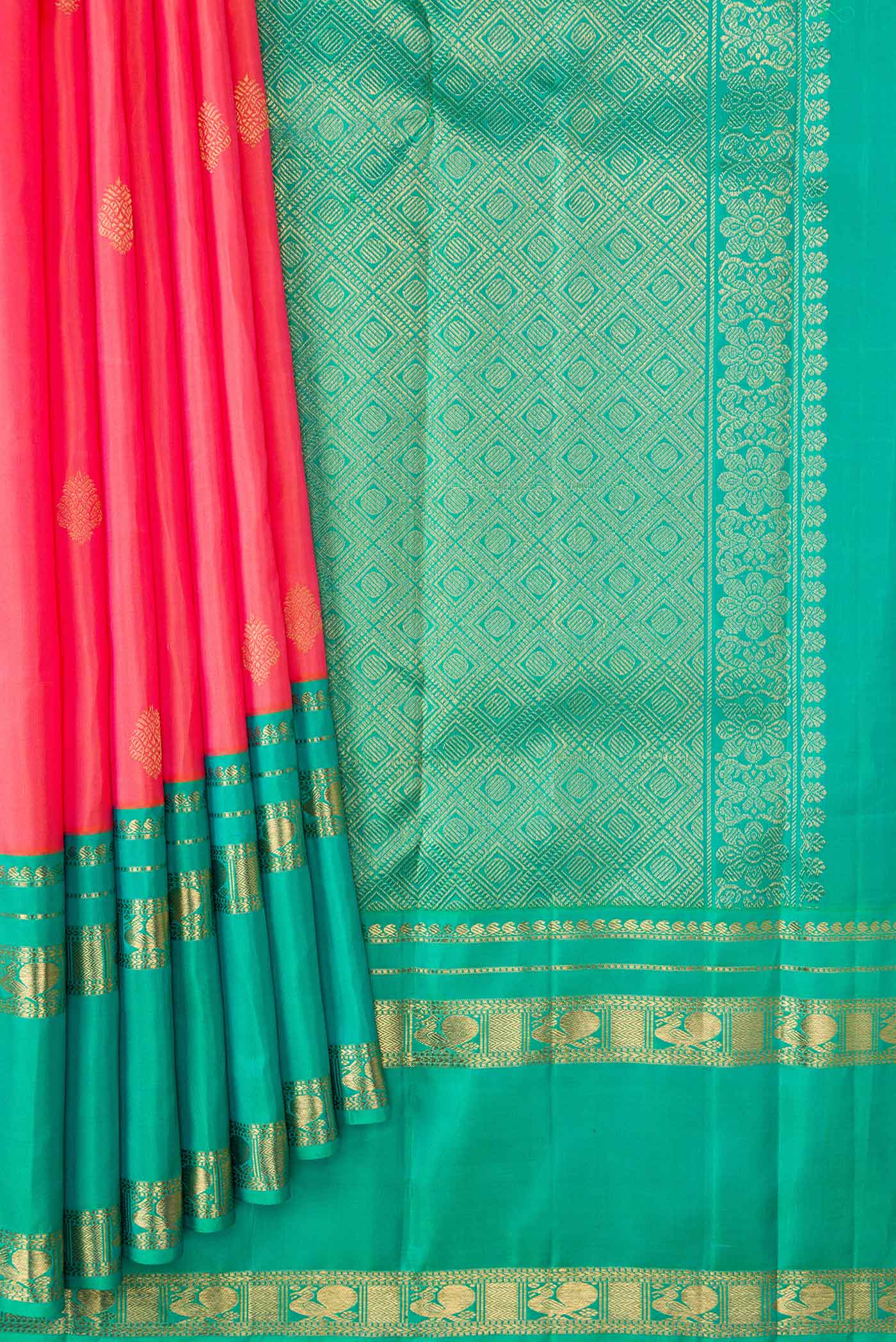 Pure Silk Pure Zari Coral Dual Tone Kanchipuram Saree - Image 4