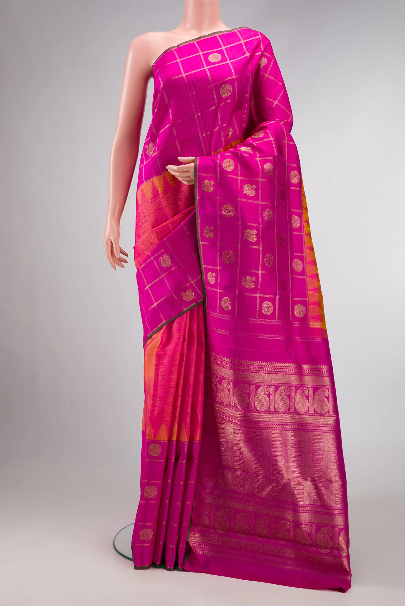 Pure Silk Pure Zari Pink with Yellow Color Kanchipuram Saree