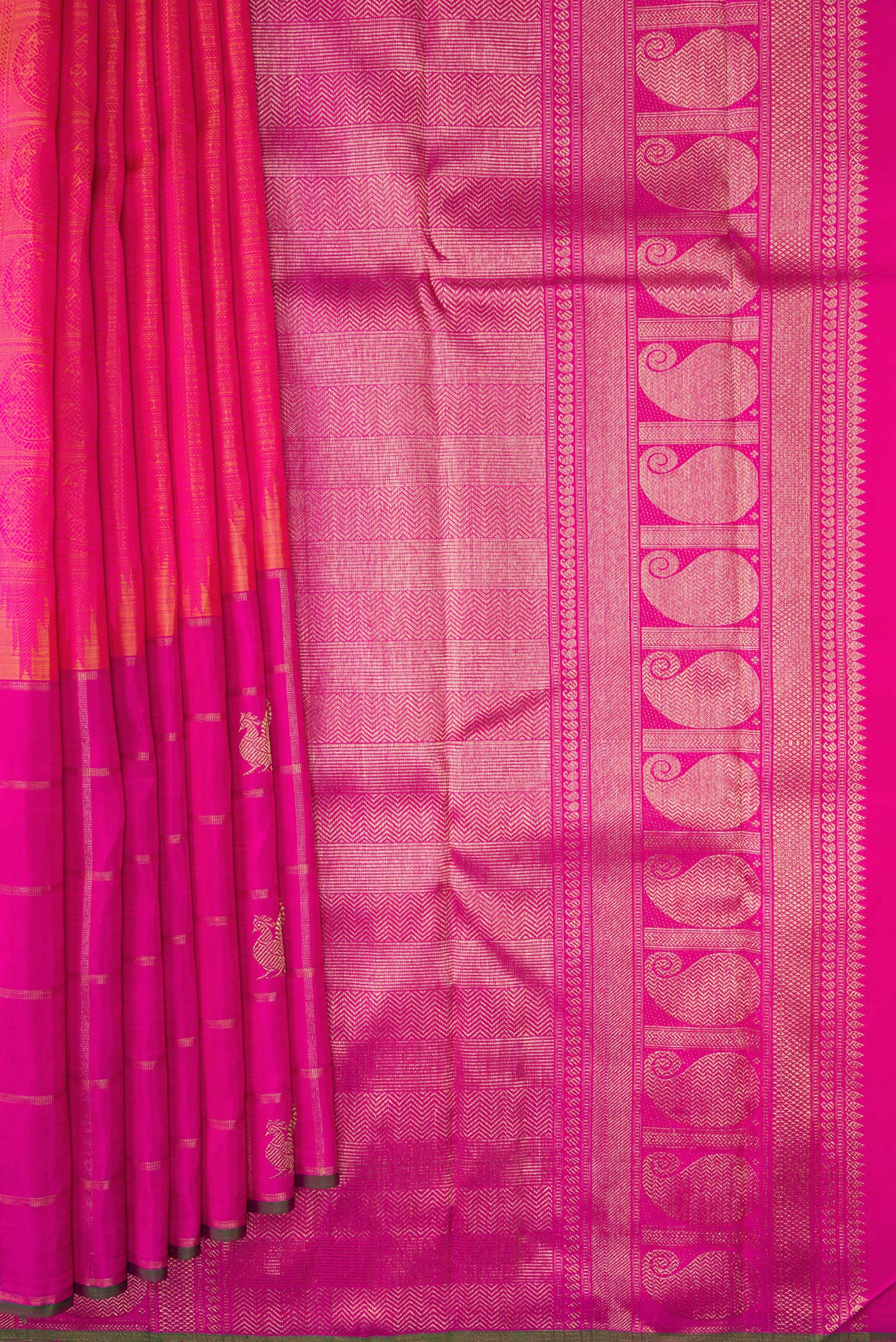 Pure Silk Pure Zari Pink with Yellow Color Kanchipuram Saree - Image 4