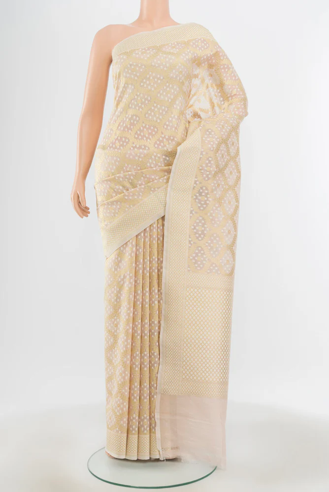 Cream Banarasi Kora Silk Saree