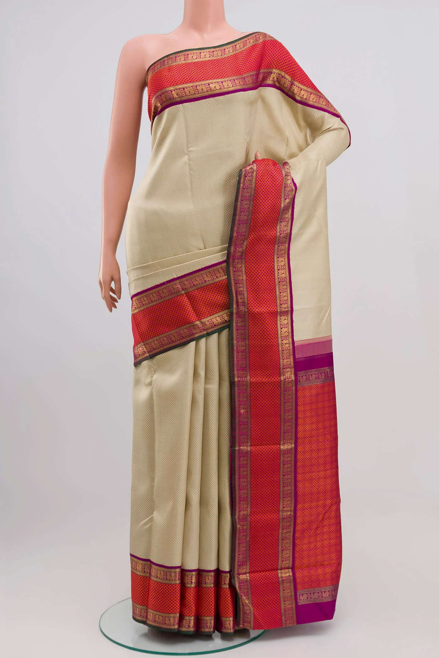 Pure Silk Pure Zari Cream Kanchipuram Saree
