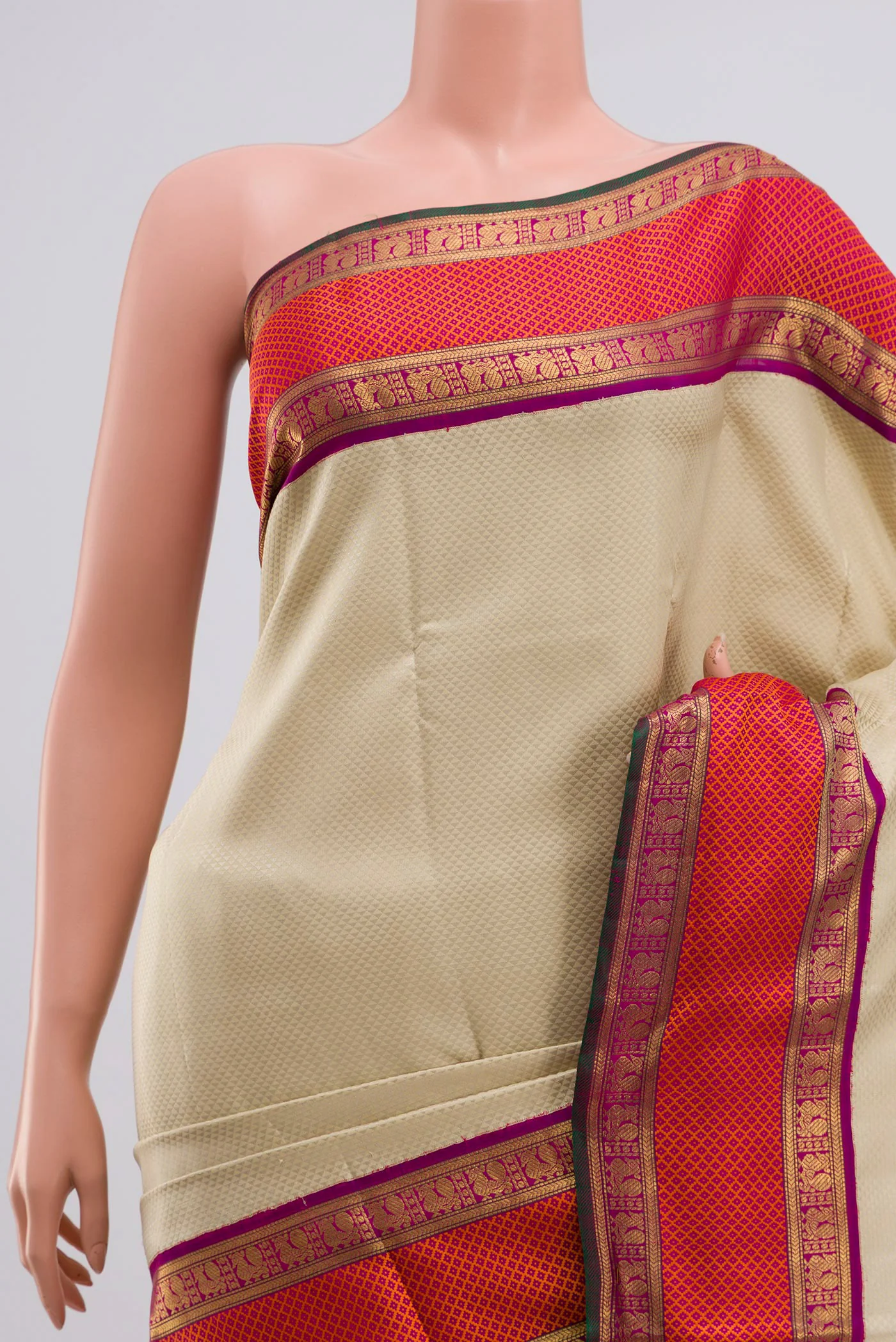 Pure Silk Pure Zari Cream Kanchipuram Saree - Image 2