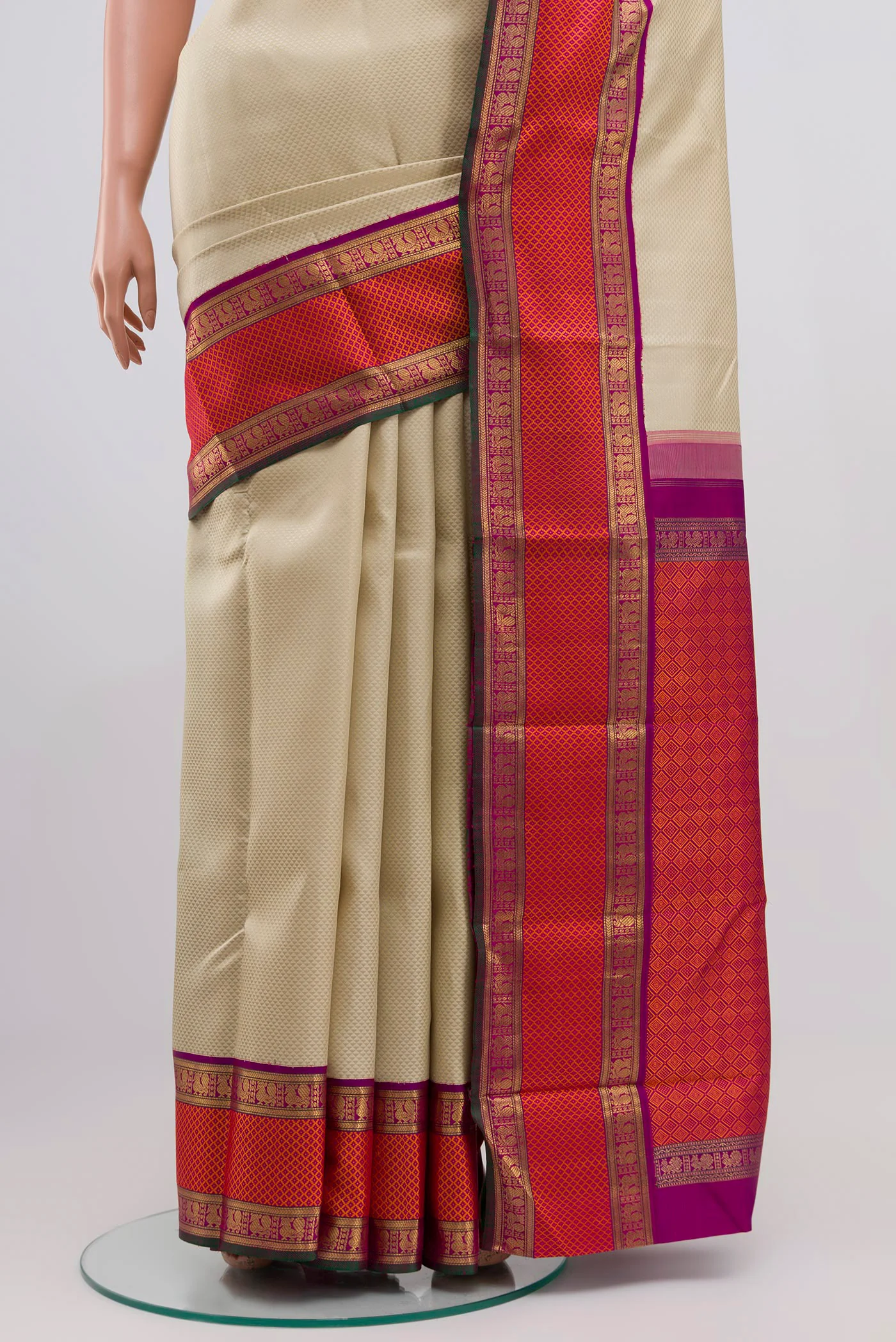 Pure Silk Pure Zari Cream Kanchipuram Saree - Image 3