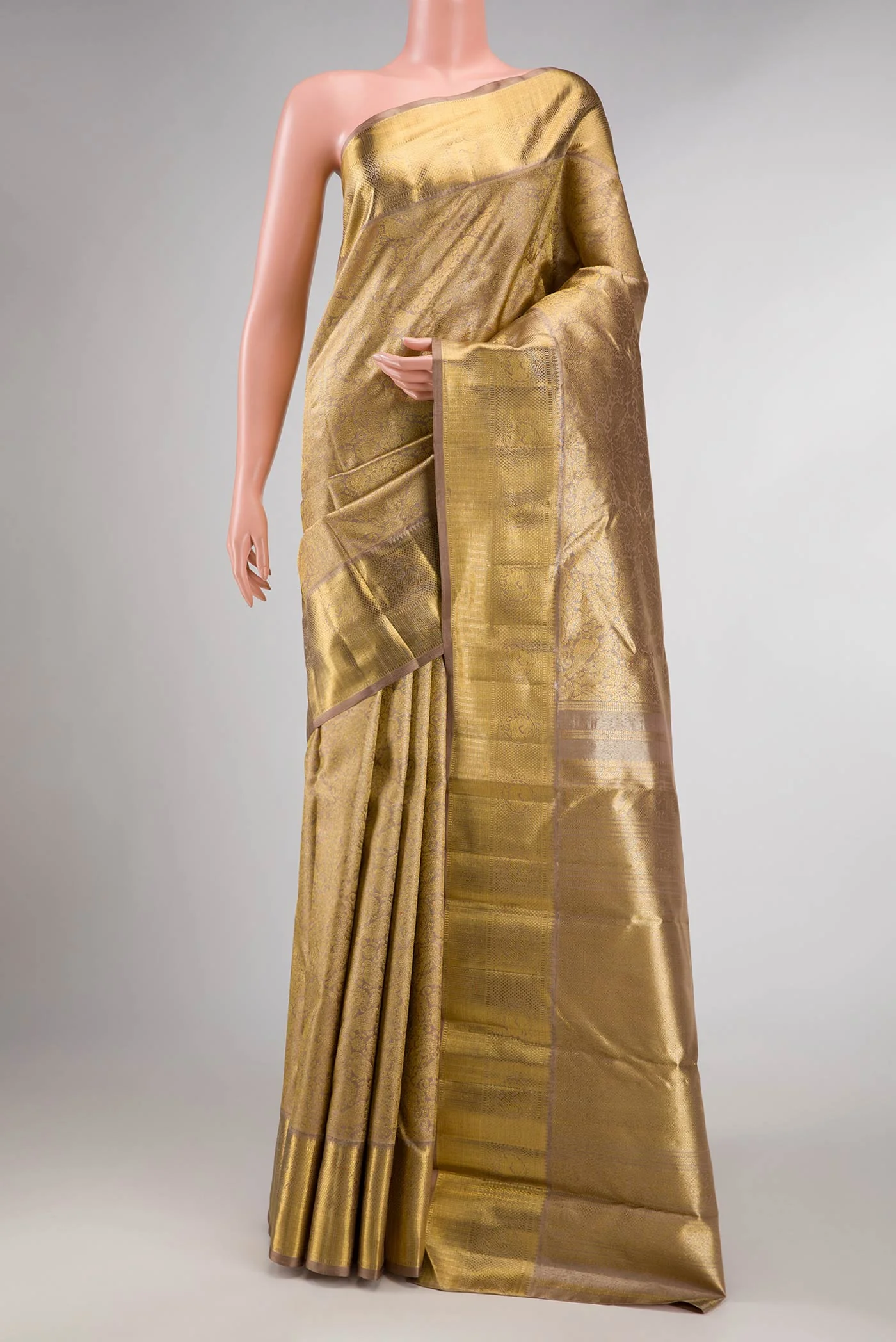 Pure Silk Pure Zari Dark Beige Dual Tone Kanjivaram Saree