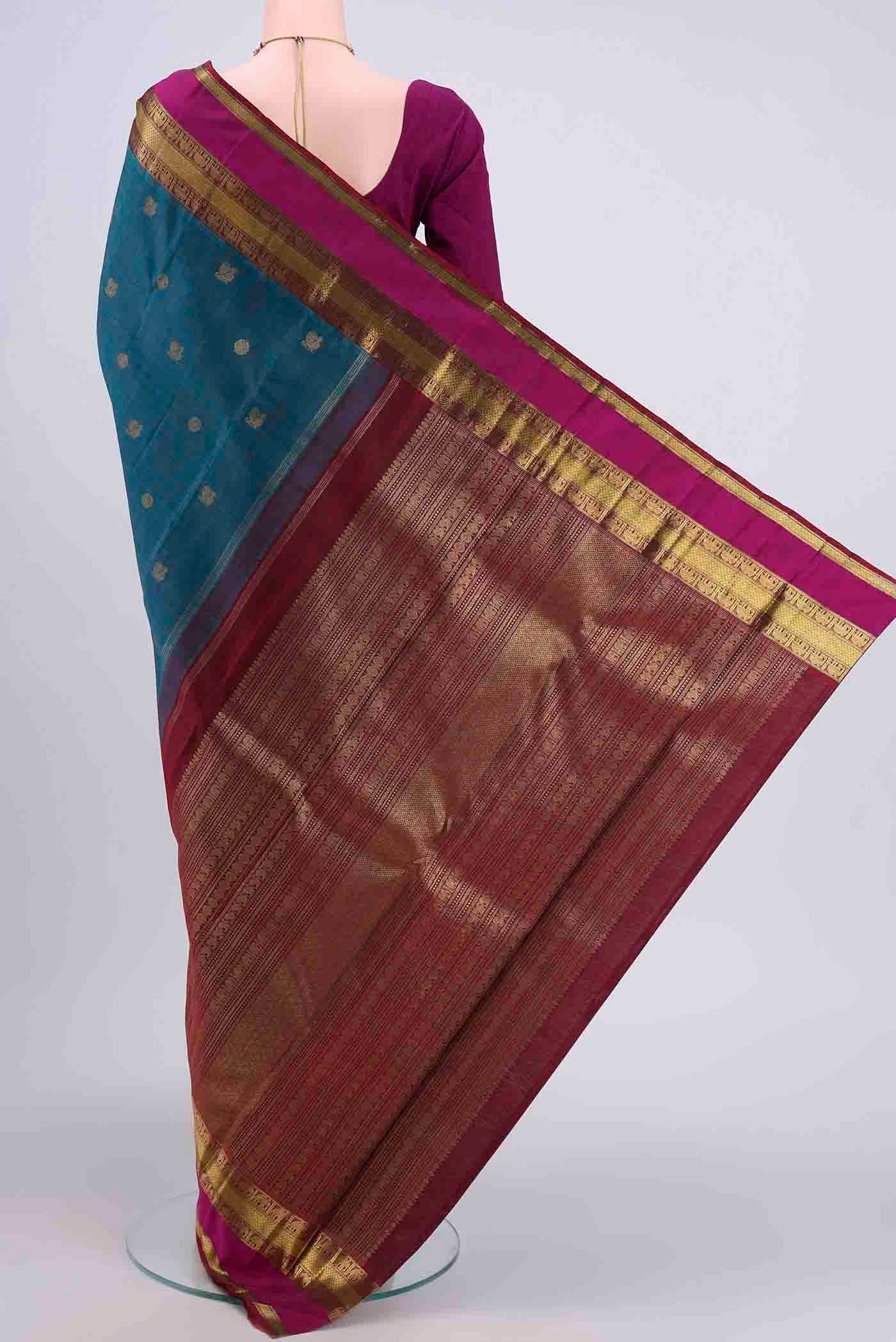 Pure Silk Pure Zari Dark Blue Kanchipuram Saree - Image 3