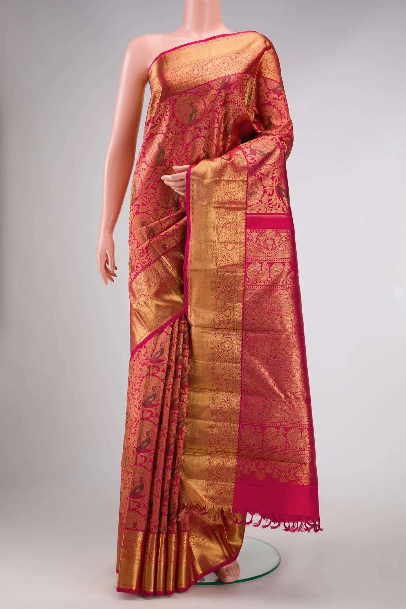 Pure Silk Pure Zari Dark Pink Dual Tone Kanjivaram Saree