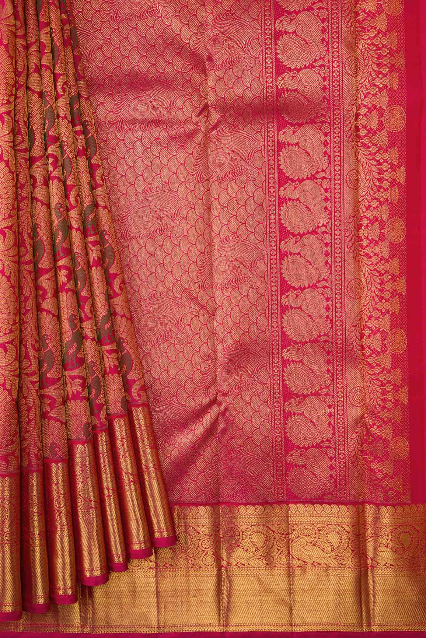 Pure Silk Pure Zari Dark Pink Dual Tone Kanjivaram Saree - Image 4