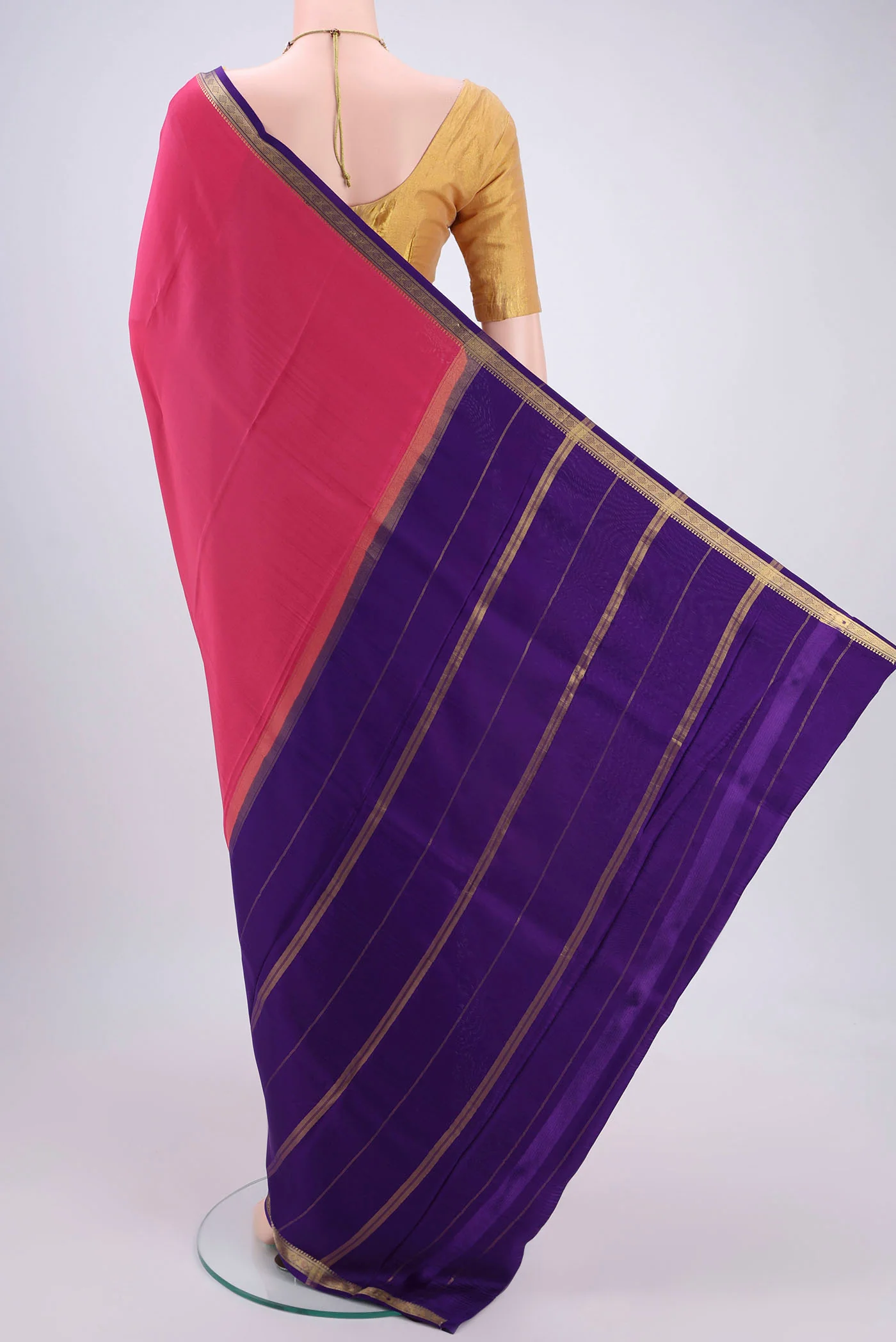 Pure Silk Pure Zari Pink Mysore Crepe Saree - Image 3
