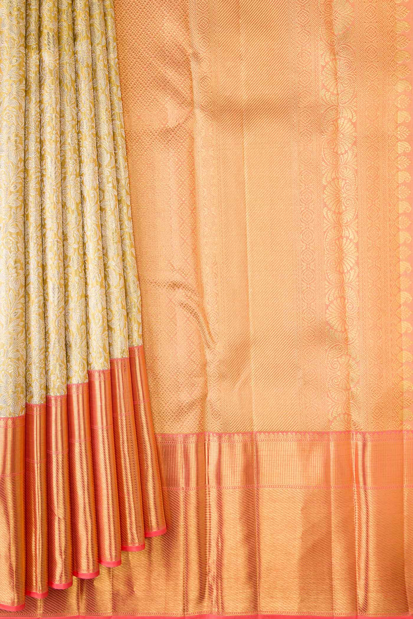 Pure Silk Pure Zari Gold Dual Tone Kanjivaram Tissue Saree - Image 4