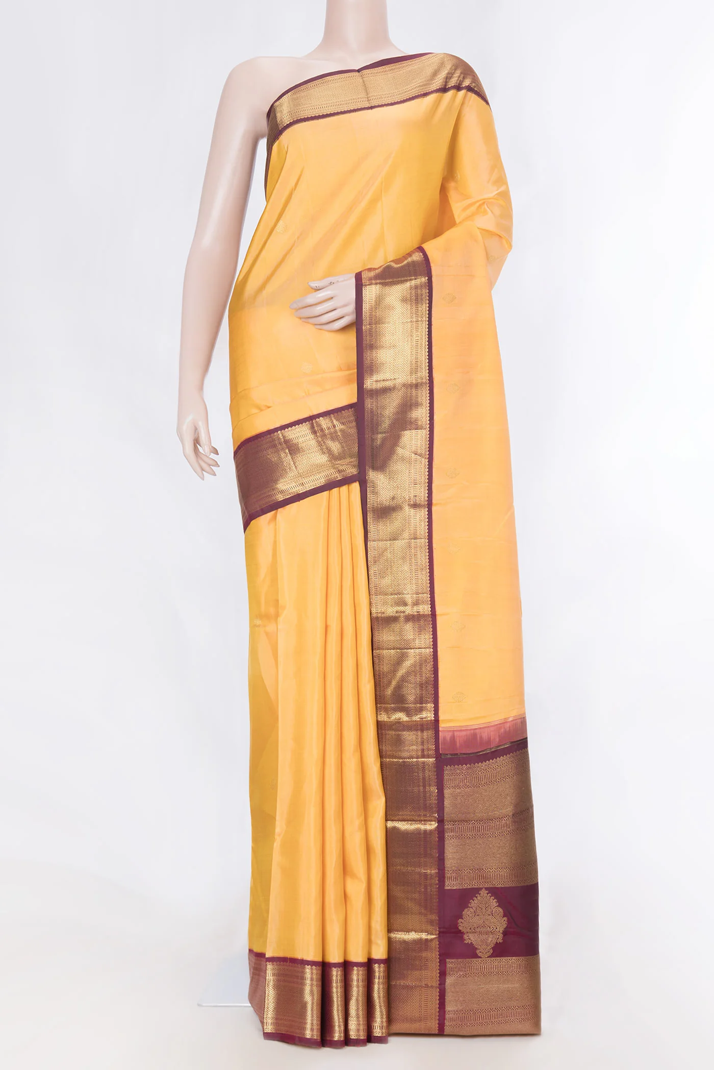 Pure Silk Pure Zari Golden Peach Dual Tone Kanchipuram Saree