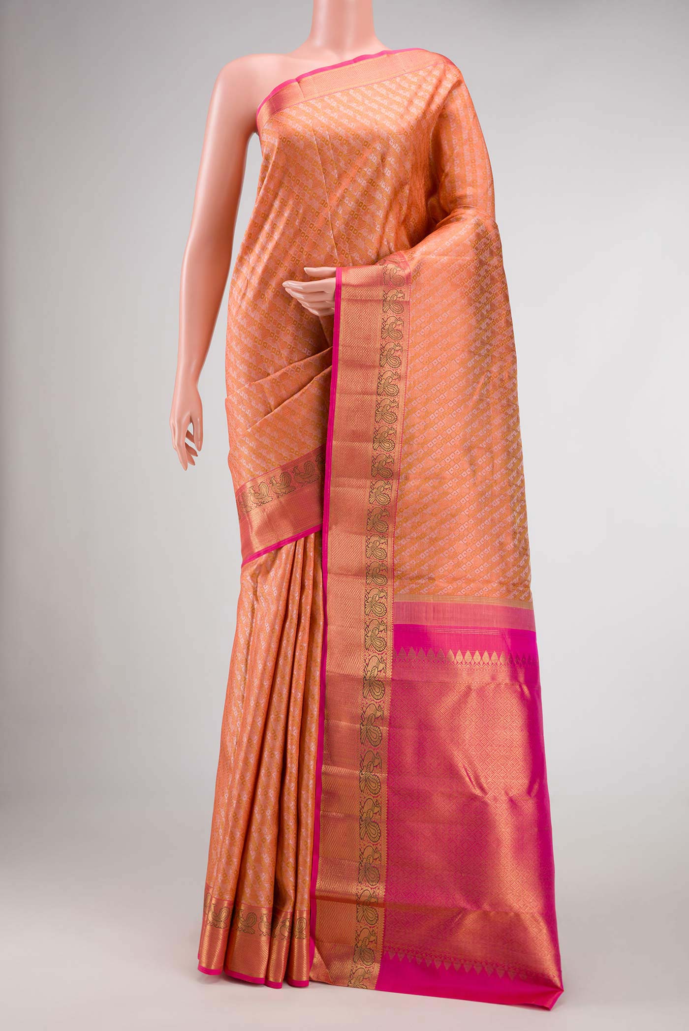 Pure Silk Pure Zari Peach Kanchipuram Saree